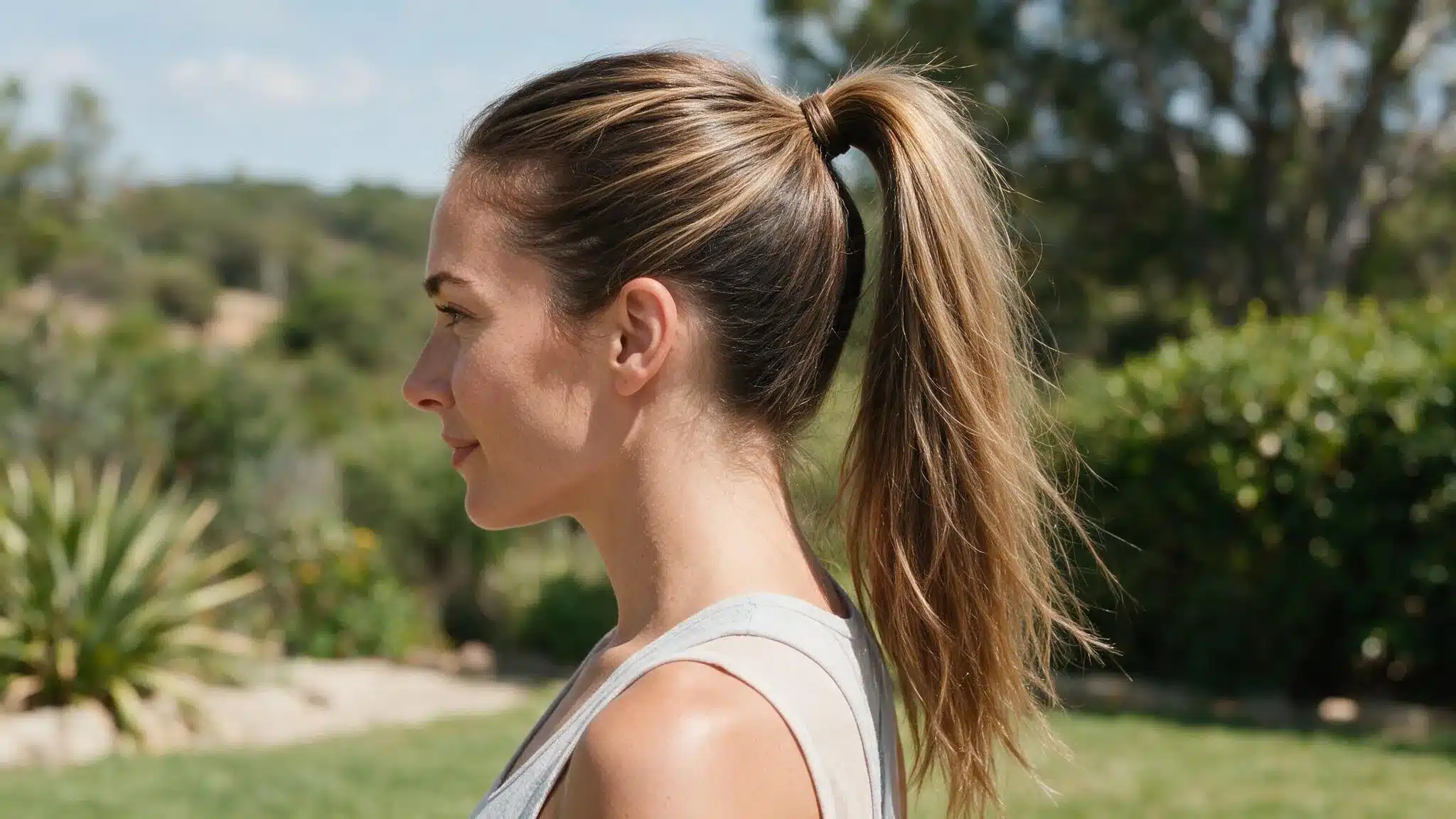 woman with long hair wearing a quick high ponytail near the crown, with soft volume and natural hair movement