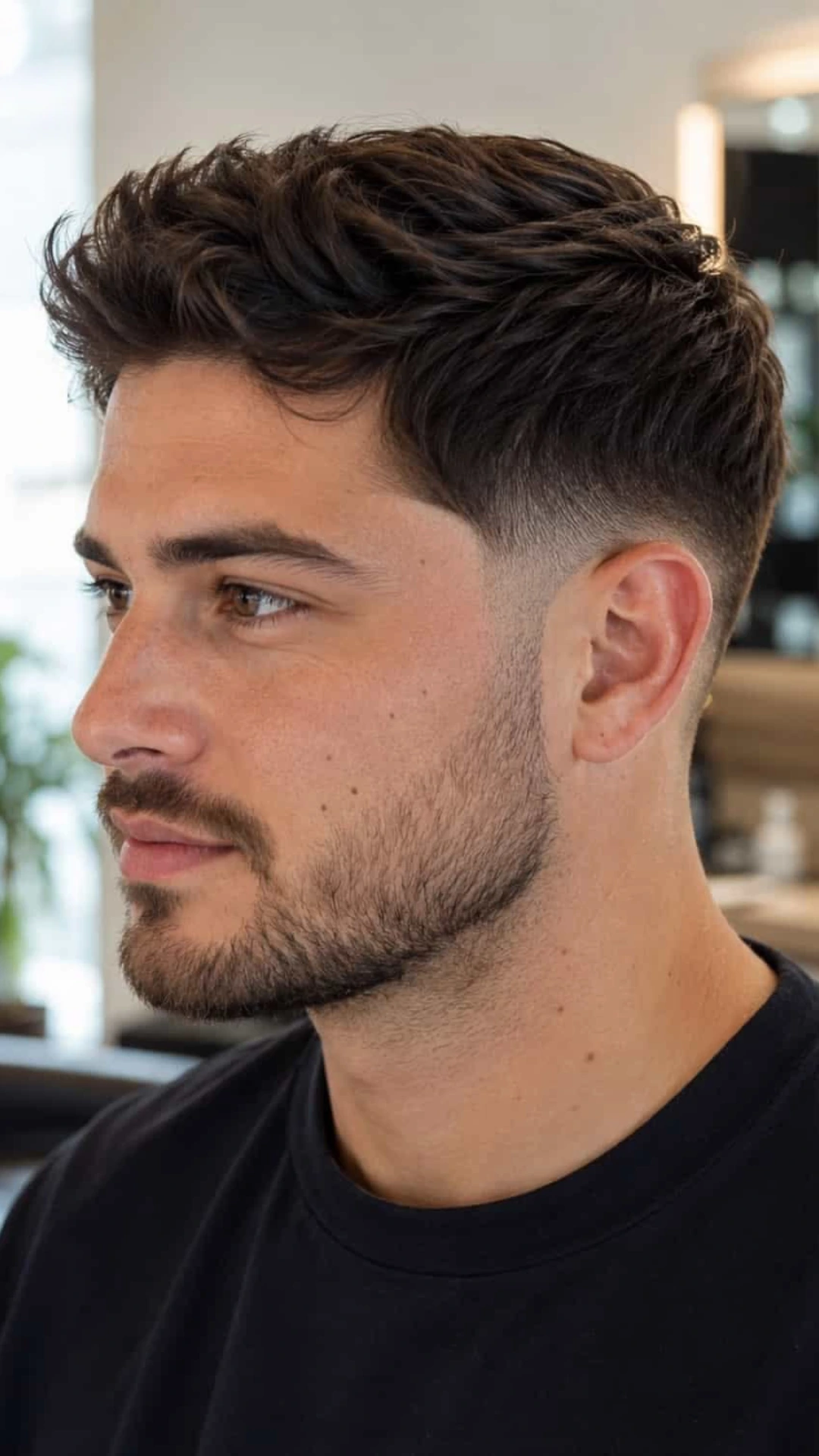 Close-up profile of a man showcasing a textured dark hairstyle with a low fade haircut and neatly trimmed beard.