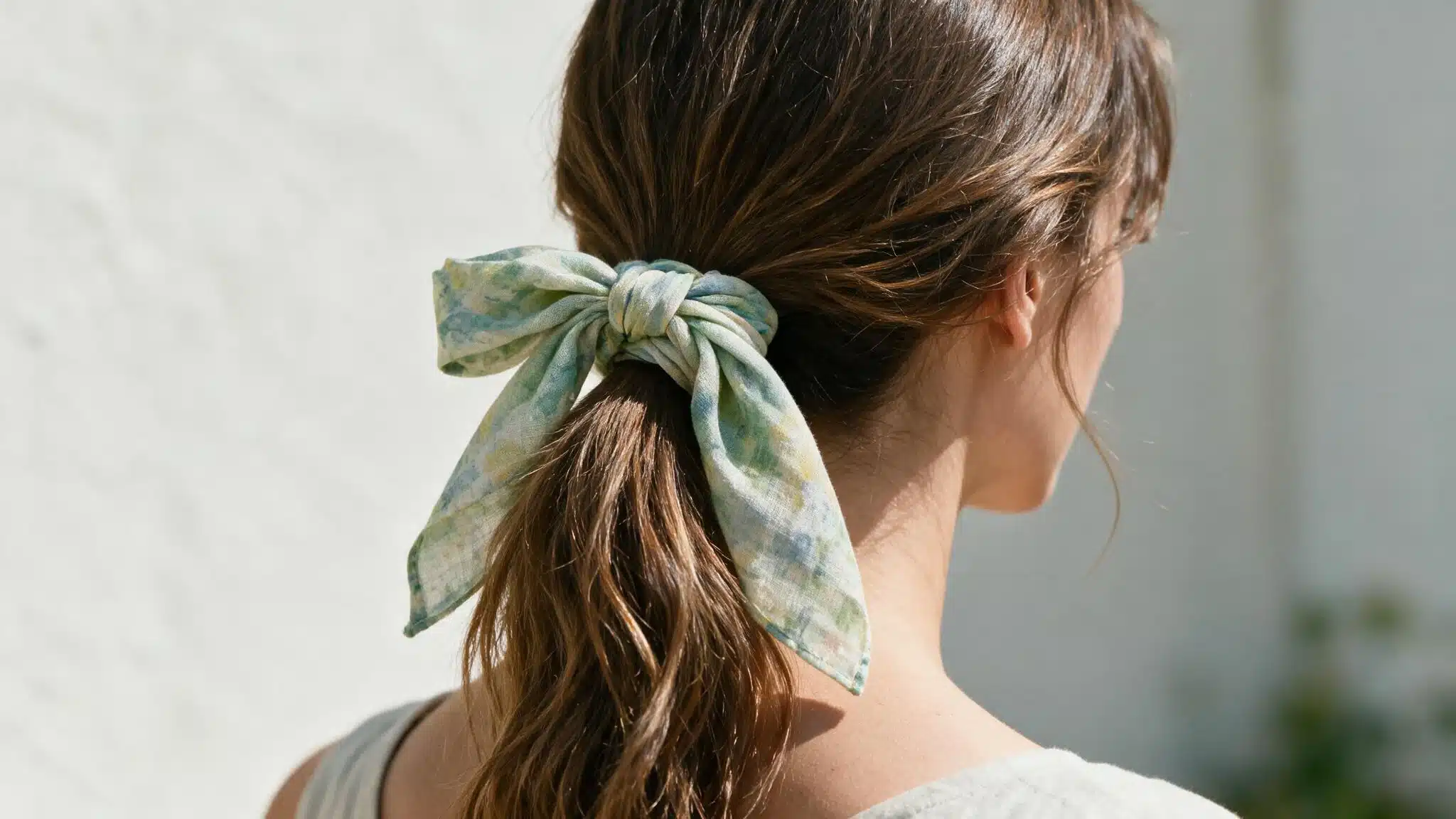 woman with medium-to-long hair wearing a scarf-wrapped low ponytail, with a lightweight scarf tied over the elastic