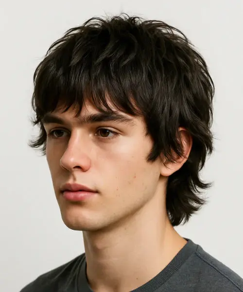 Shag cut hairstyle with choppy layers textured fringe and medium length tousled hair