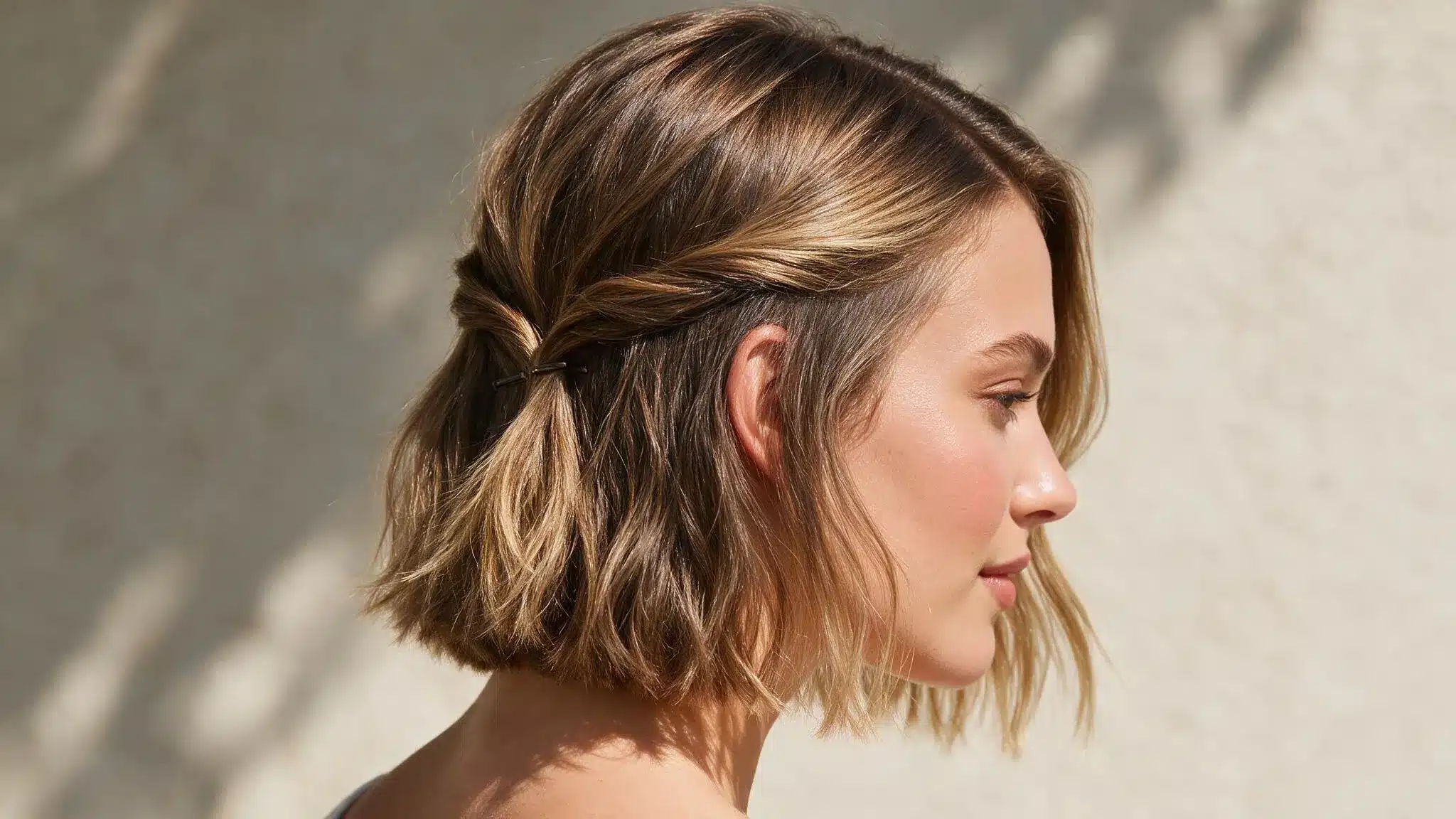 woman with a short bob wearing a twist-back hairstyle, with front sections pinned neatly at the back for summer