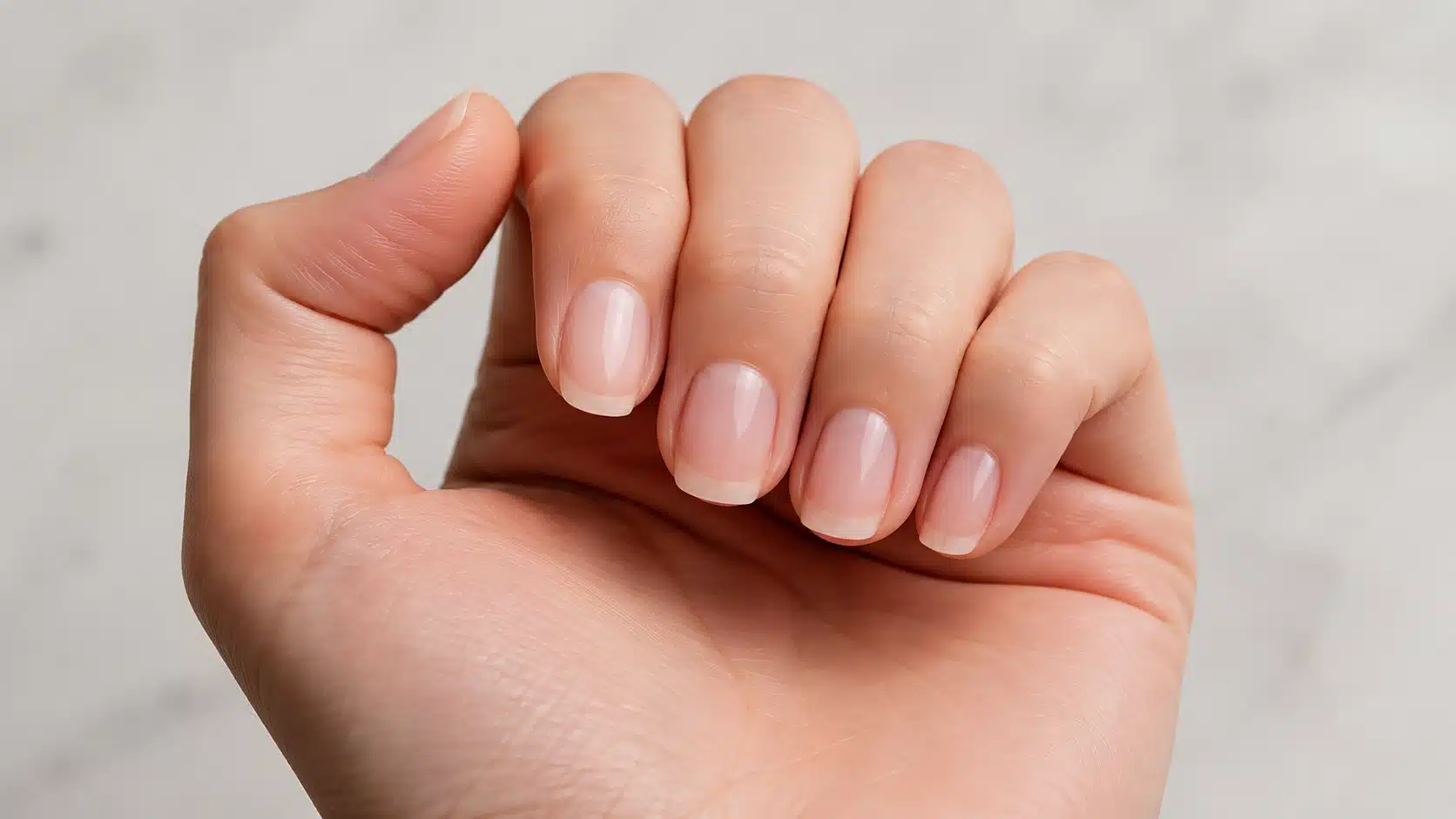 close-up of short natural nails with a clean pink sheen and visible white tips against a soft neutral background