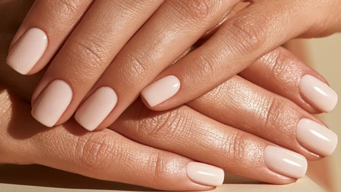 Close-up of hands with short square glossy nude nails resting gently together.