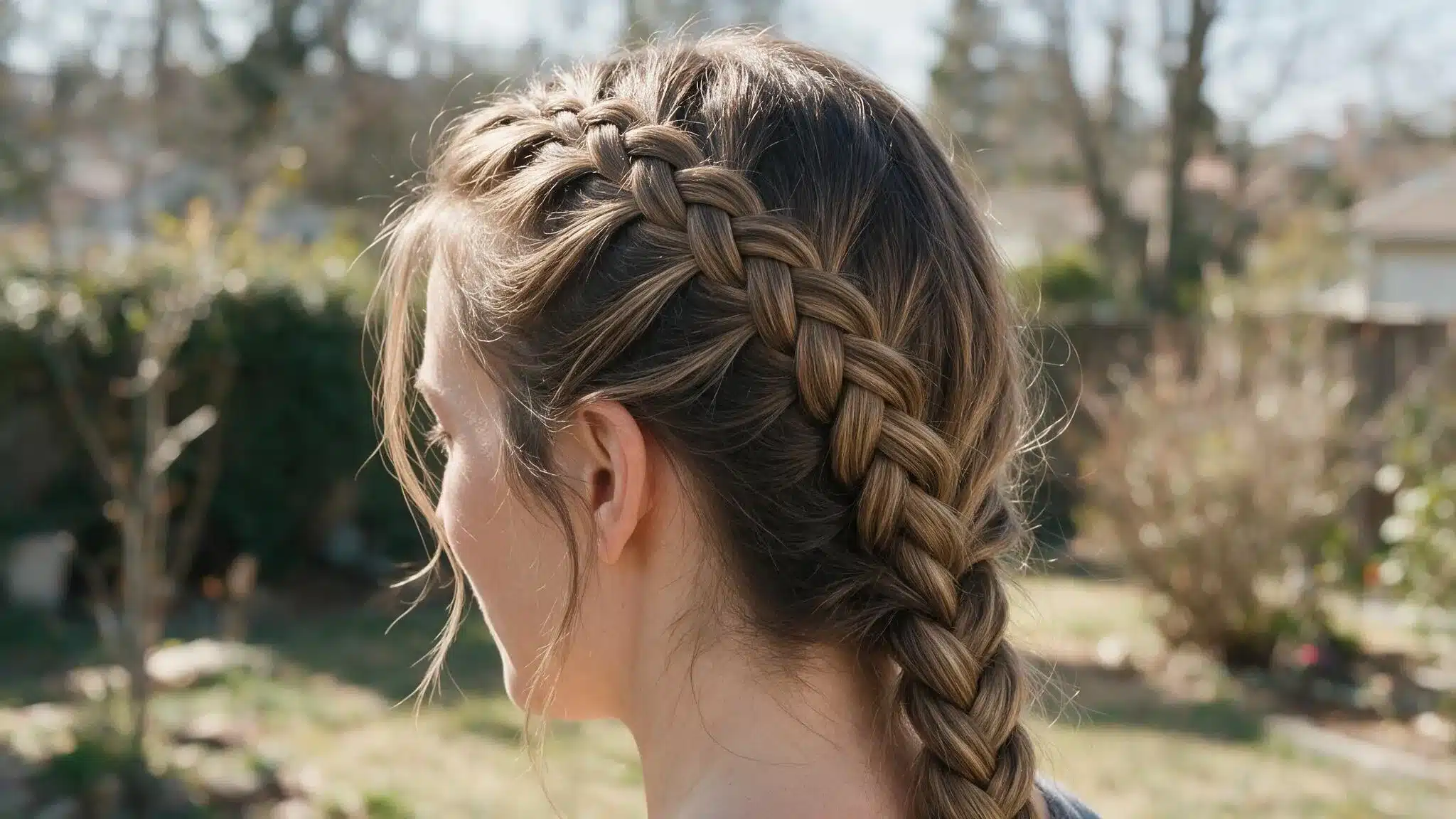 woman with medium-to-long hair wearing a side Dutch braid that runs diagonally across the head in a raised pattern