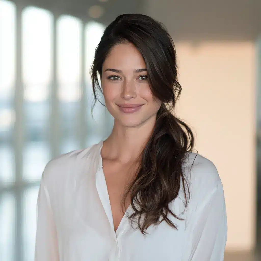 Smiling woman with long dark hair in a white blouse standing in a softly lit modern interior.