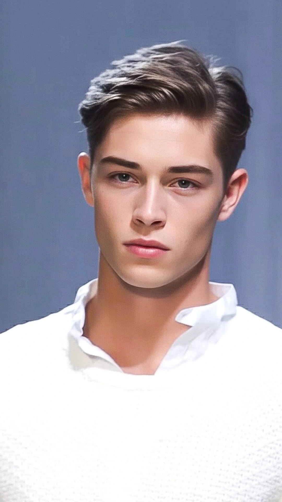 Portrait of a young man with styled brown hair and a neutral expression wearing a white collared shirt against a blue-gray background.