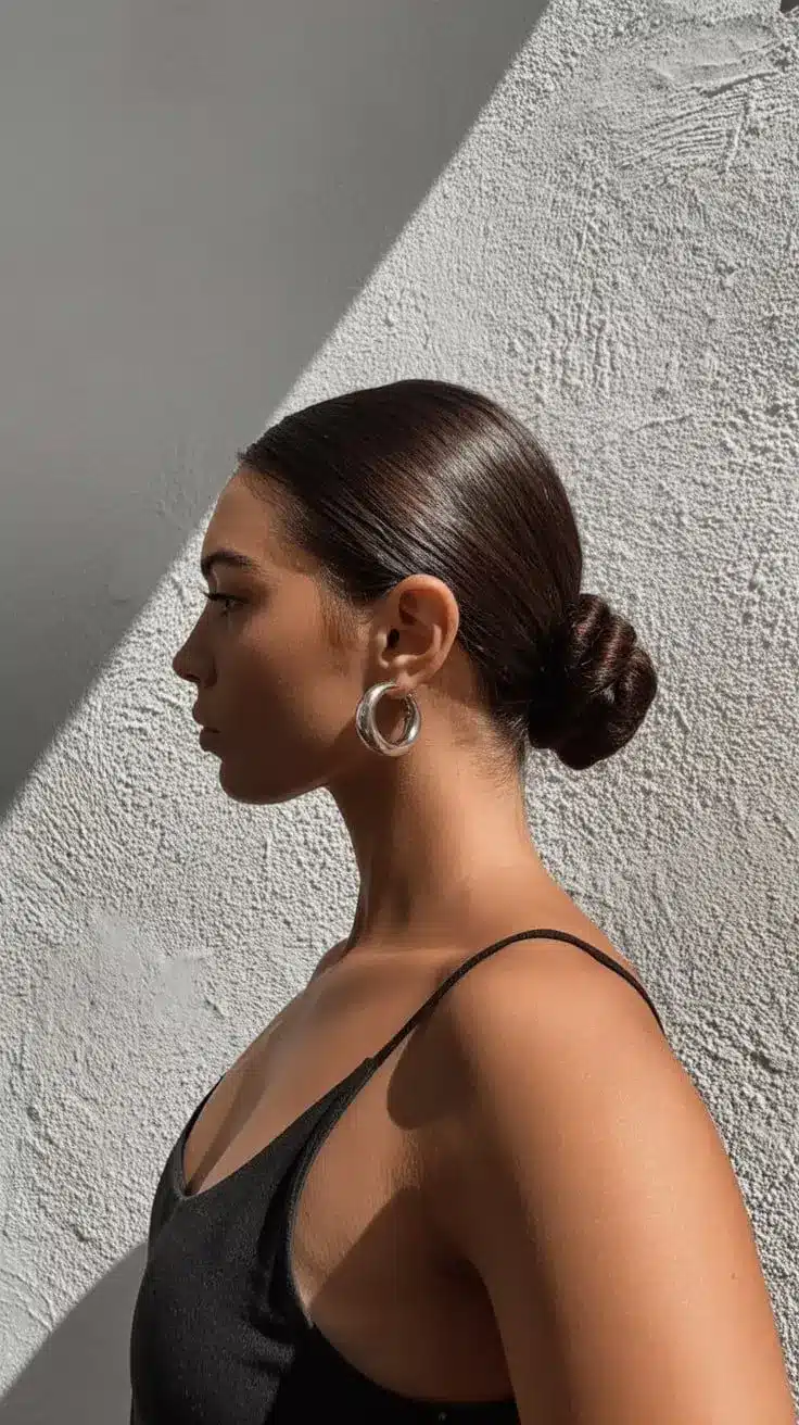 Dark brown hair styled into a sleek low bun with a smooth polished finish creating a clean elegant hairstyle perfect for oily or greasy hair
