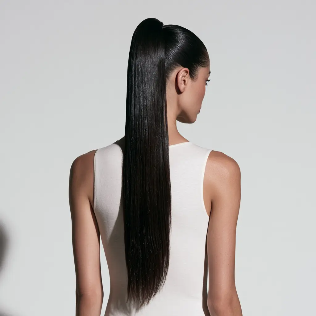 Woman viewed from behind with sleek, extremely long black hair styled in a high ponytail, wearing a white sleeveless top against a light gray background.