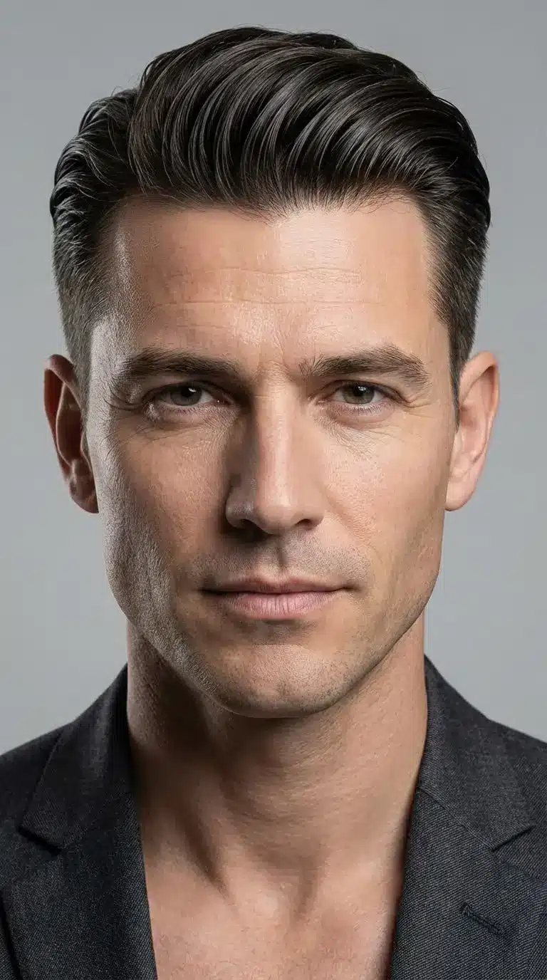 Slick back hairstyle with combed back hair tapered sides and a sleek polished appearance