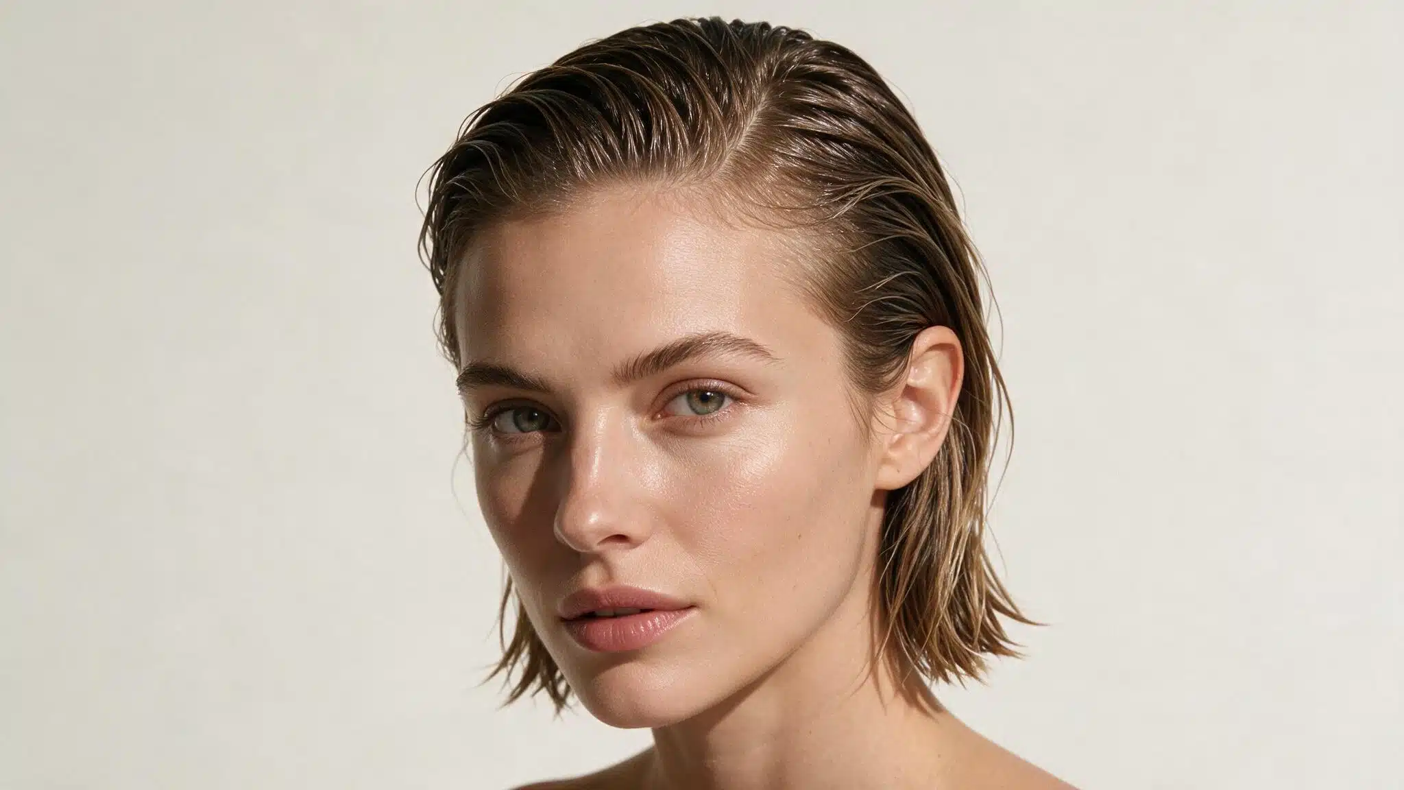 woman with short-to-medium hair wearing a slicked-back wet look, with smooth gelled hair tucked behind the ears