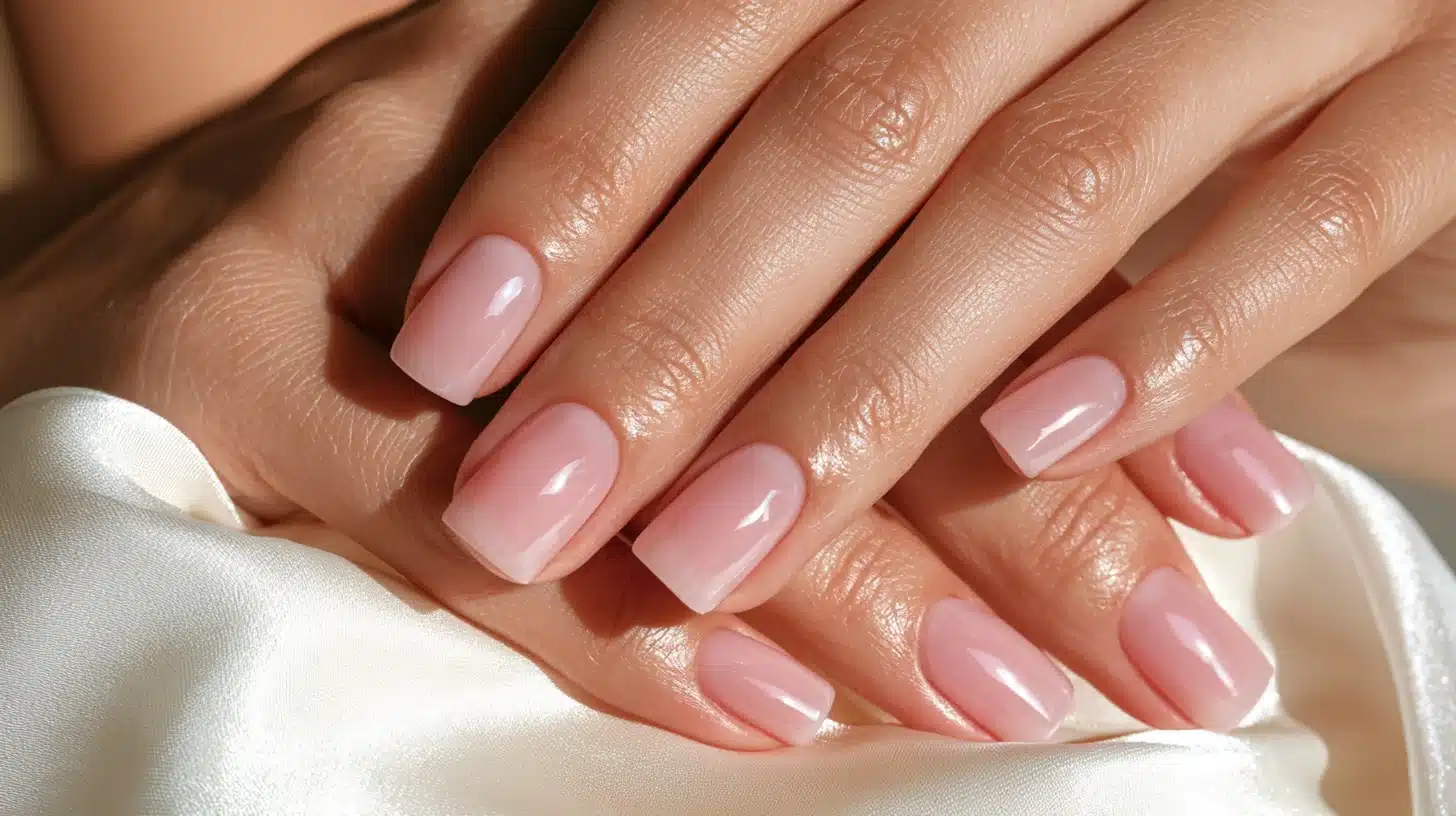 Short square nails featuring a soft pink jelly manicure, semi-transparent glossy glass-like finish with a subtle candy-inspired look.