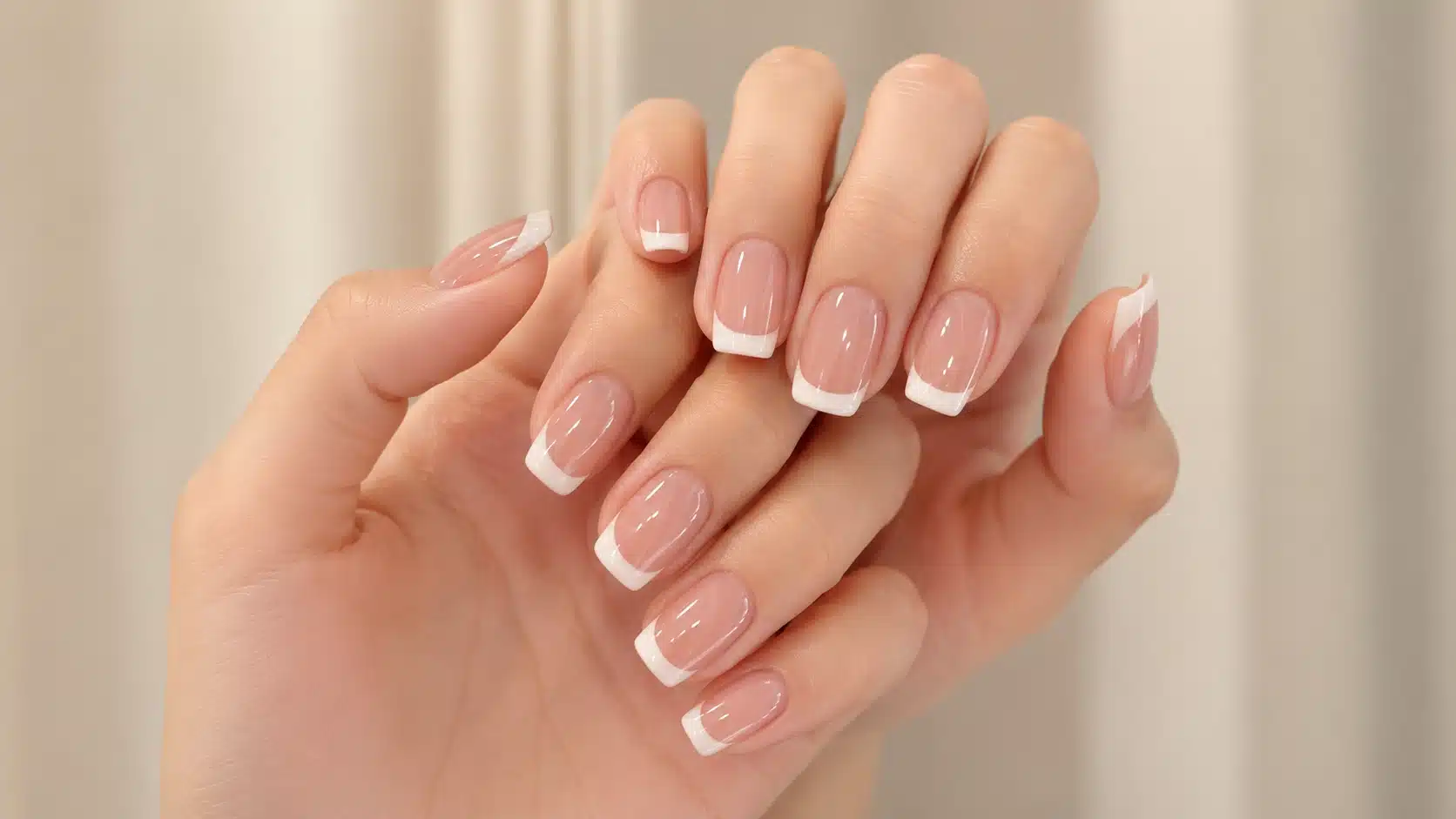 long square french manicure with a sheer pink base and crisp white tips on a softly posed hand