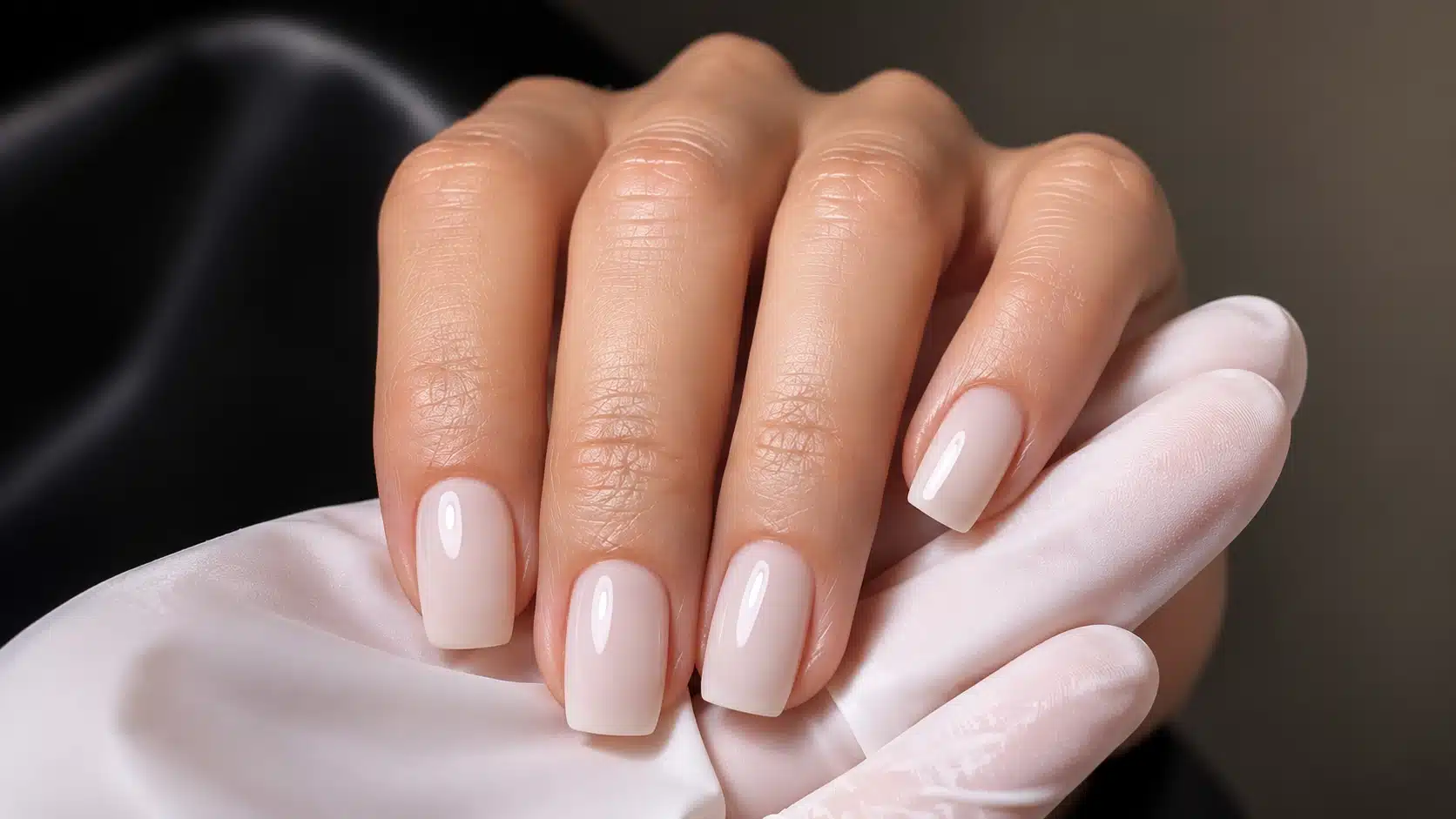 Glossy milky nude squoval nails resting on pale pink satin during a salon manicure