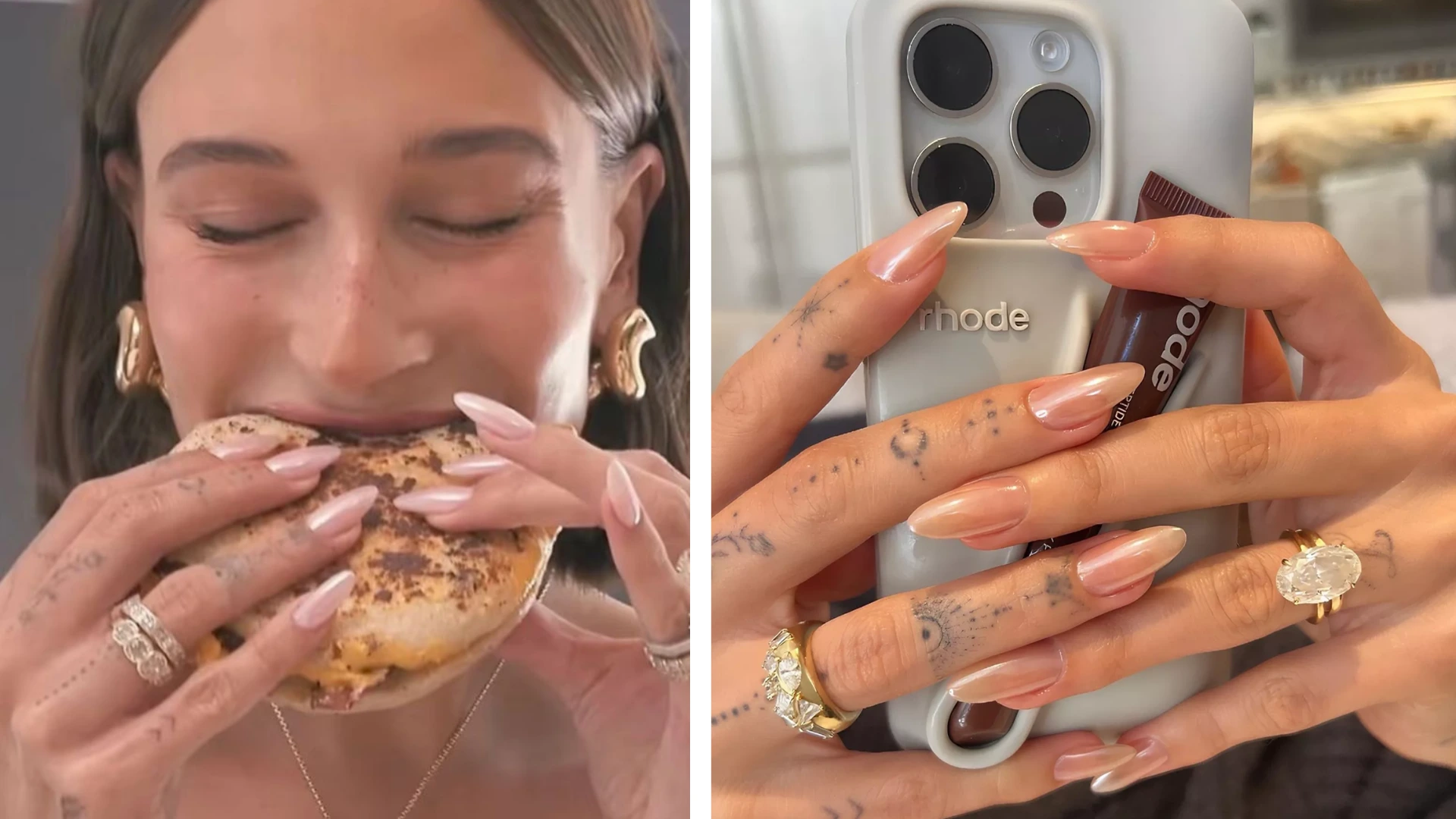 Hailey Bieber showing glossy glazed donut nails while eating a bagel and holding a phone with nude chrome manicure