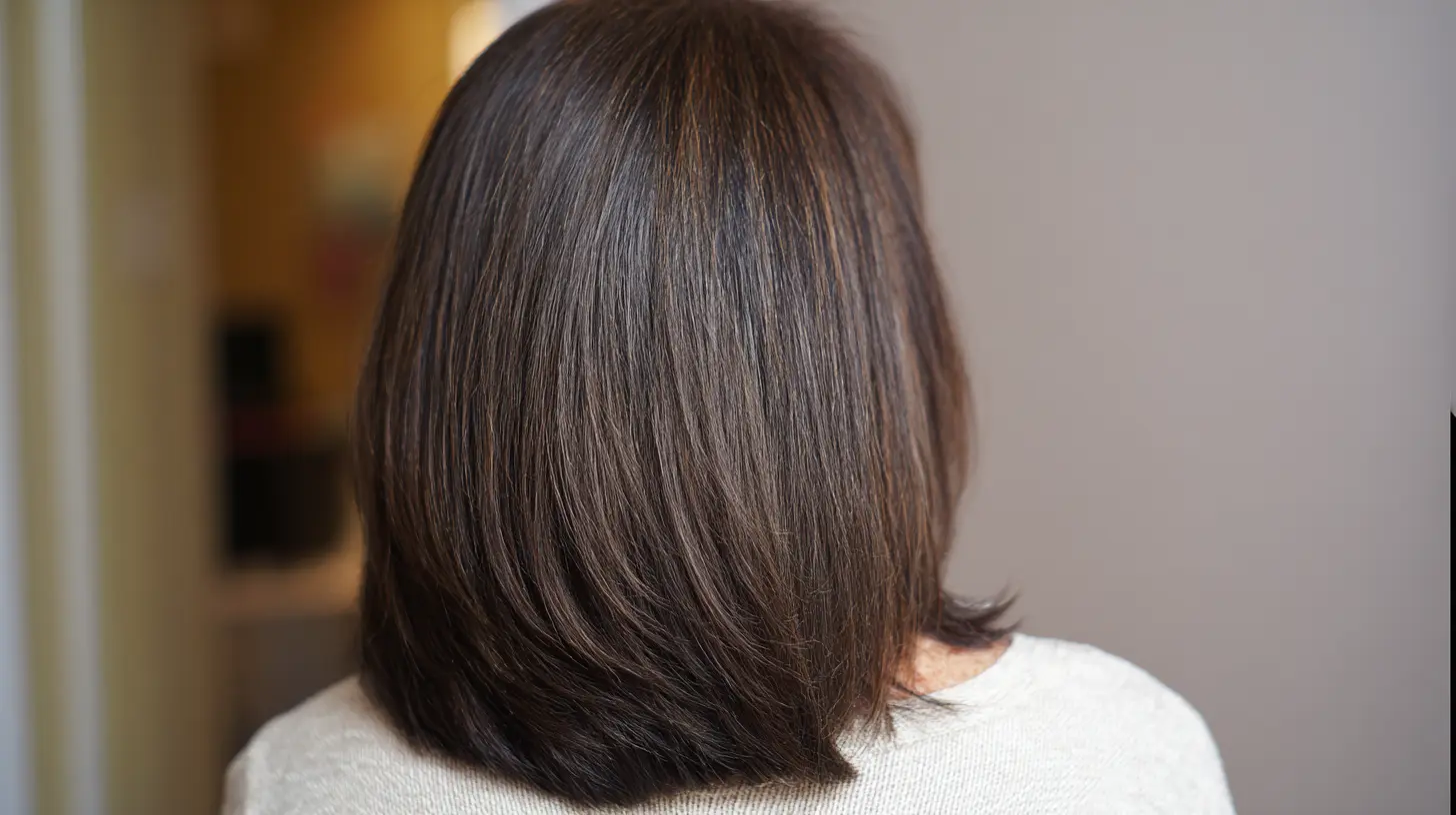 Straight layered lob haircut with subtle layers and softly curved ends creating a polished shoulder length style