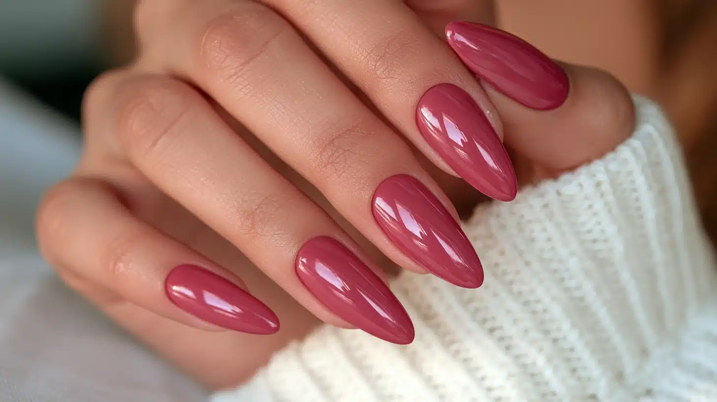 Close-up of glossy strawberry pink almond-shaped gel nails with a vibrant berry-toned finish and a smooth salon-quality shine.