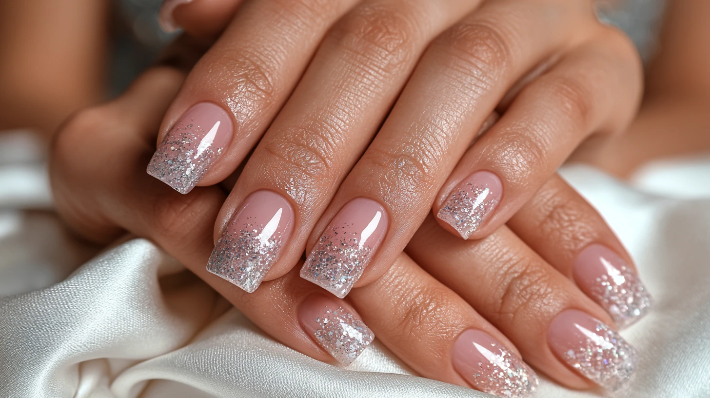 Short square nails featuring a glossy pink base and delicate silver holographic glitter concentrated at the tips.