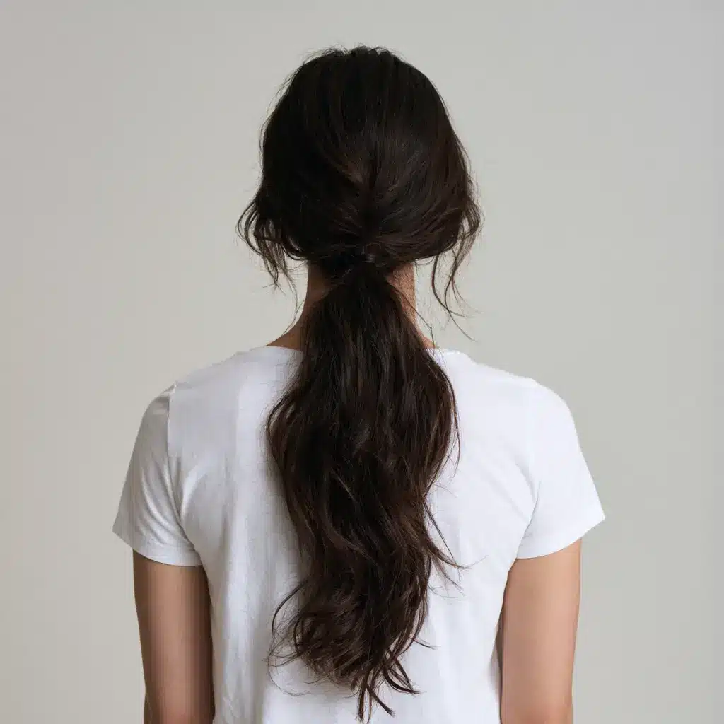 A woman with long hair styled in a ponytail, facing slightly to the side, with a neutral background.