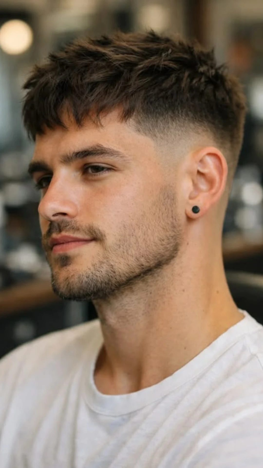 Close-up portrait of a man with textured dark hair, a mid fade haircut, trimmed beard, and black stud earring wearing a white shirt.