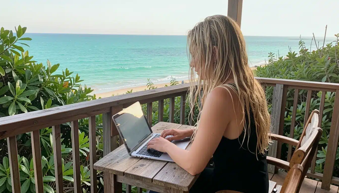 digital nomad working on a laptop from a beachside balcony with ocean views surrounded by tropical greenery in daylight