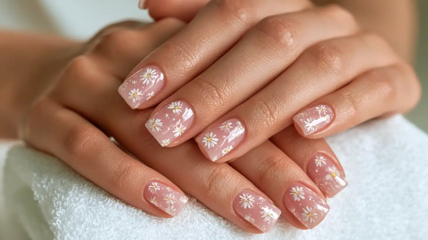 Short square nails featuring delicate tiny floral nail art, glossy pink base with miniature white daisies.