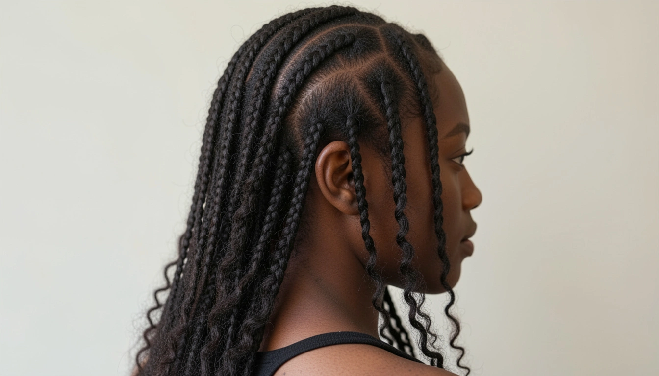 black girl with neatly parted long boho braids featuring loose curly strands shown in side profile clean scalp