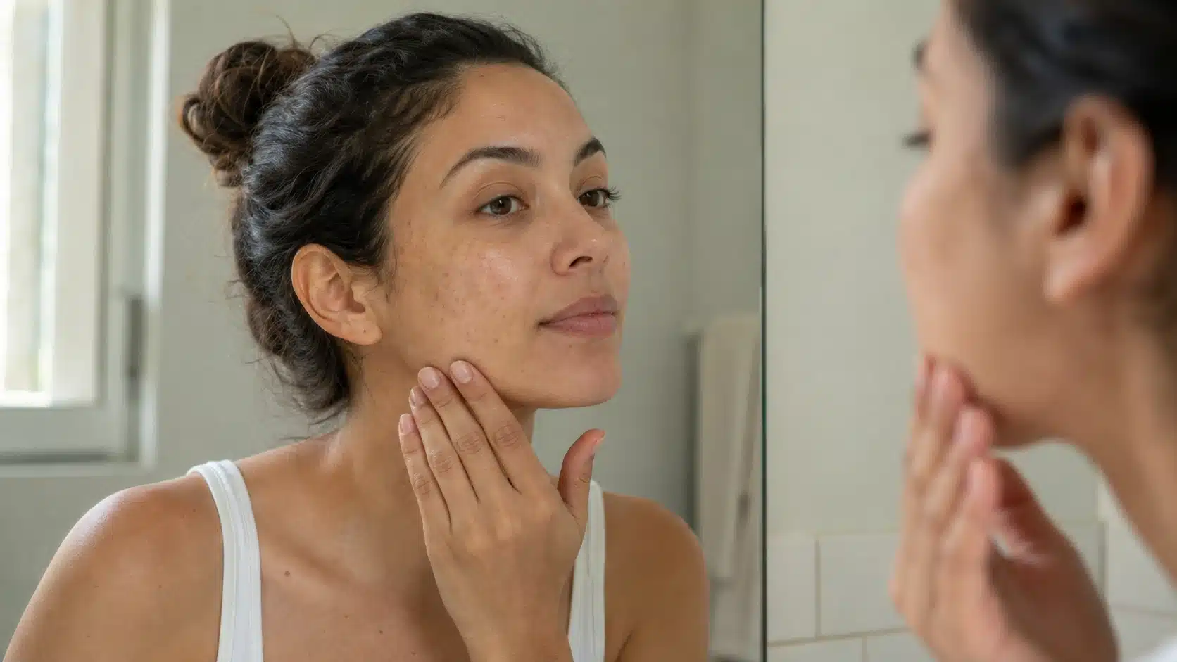 woman examining gradual improvement in post-acne hyperpigmentation in a mirror under natural bathroom lighting