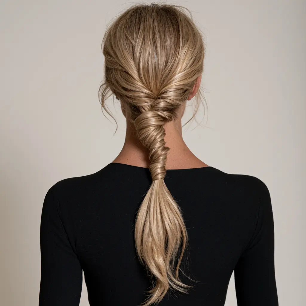 Rear view of a woman with a long blonde fishtail braid tapering into a loose ponytail, wearing a black top against a neutral background.