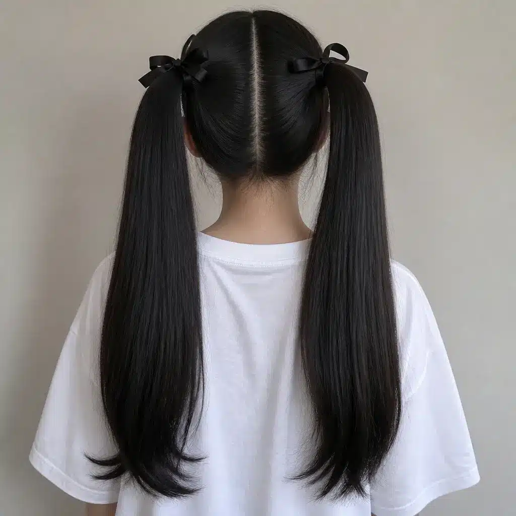Back view of a person with long, straight black hair styled in twin ponytails tied with black ribbons, wearing a white T-shirt.