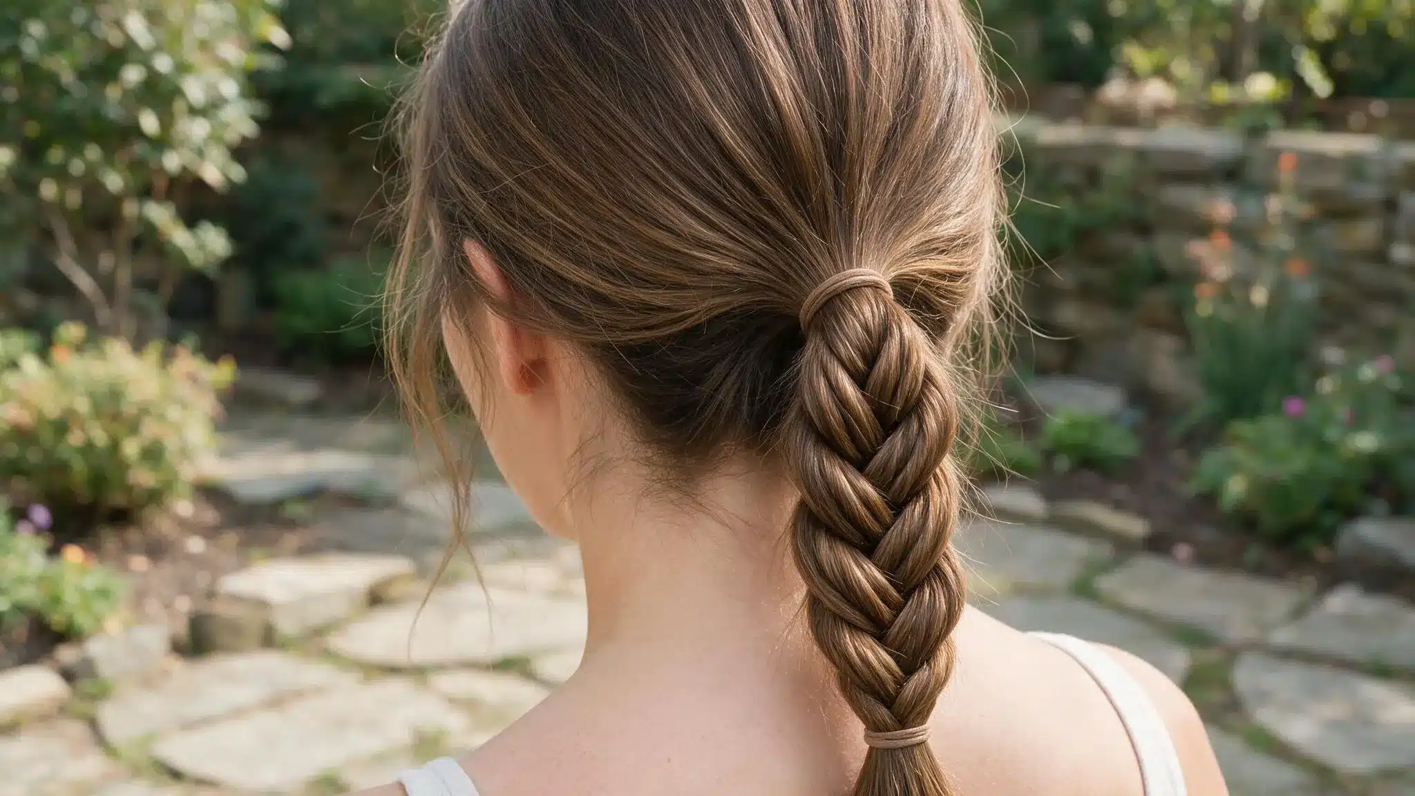 woman with long hair wearing a two-strand rope braid, with two twisted sections wrapped together and secured at the end