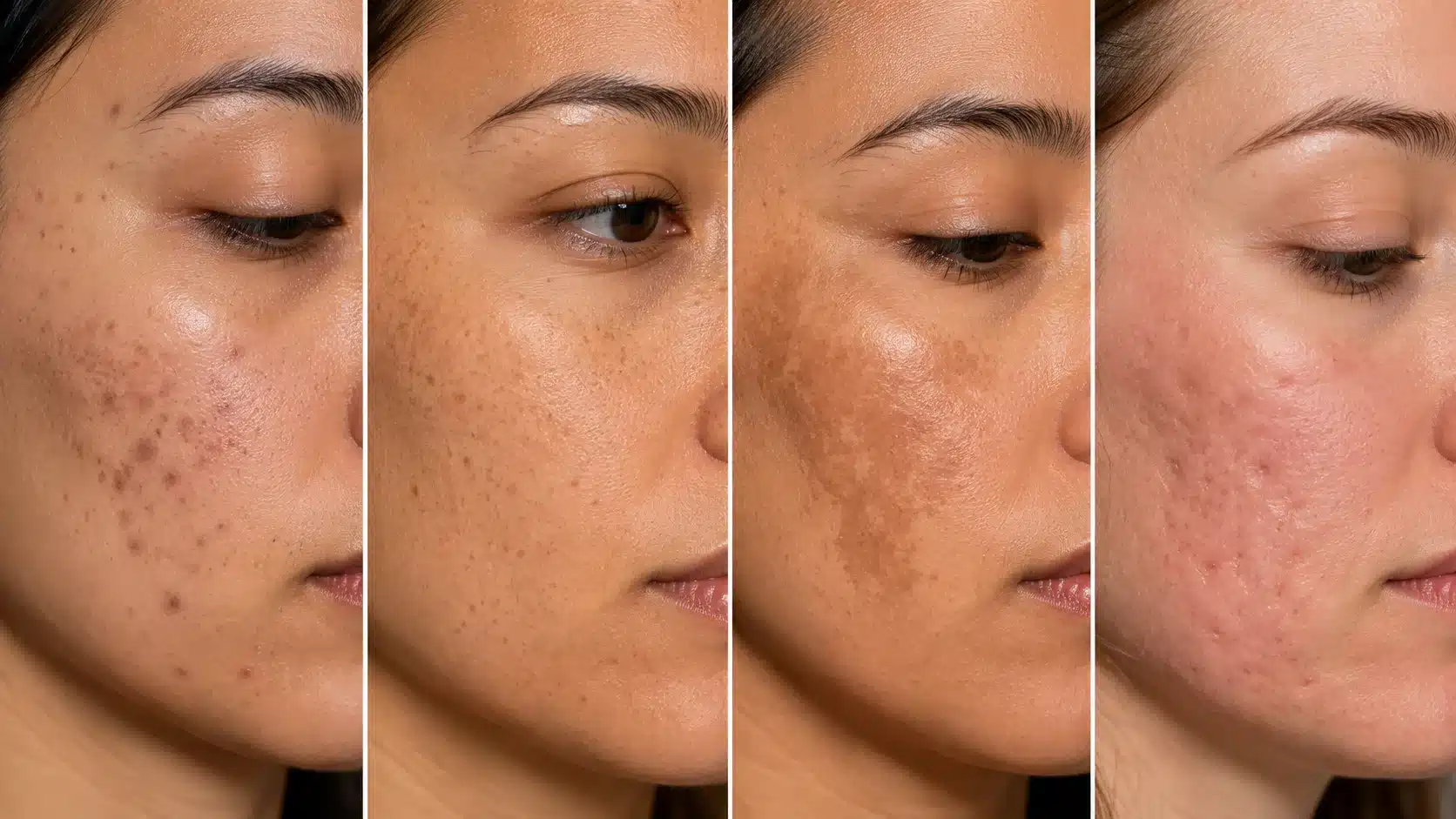 four facial close ups showing post-acne dark spots, sun pigmentation, melasma, and red marks on different skin tones