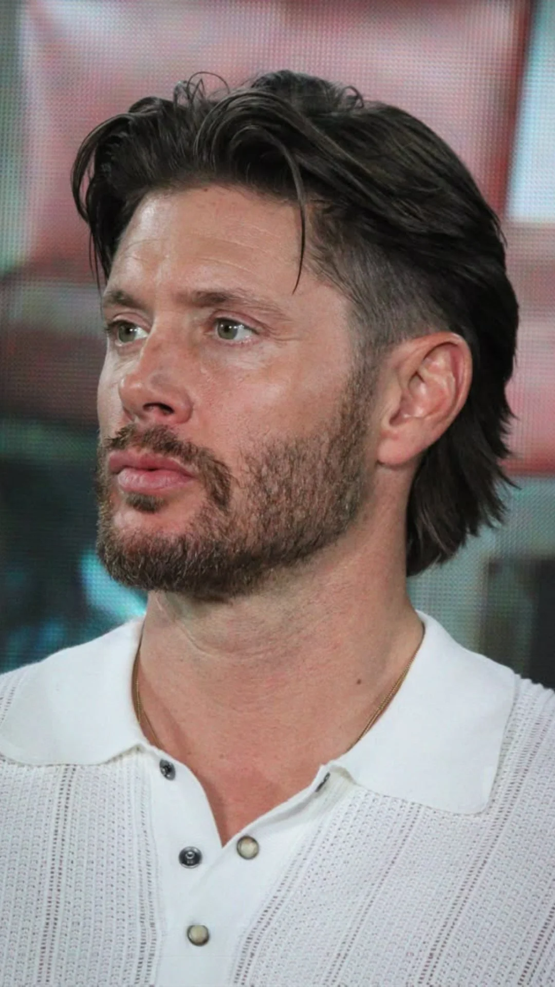 Close-up portrait of a bearded man with dark swept-back hair wearing a white knit collared shirt.