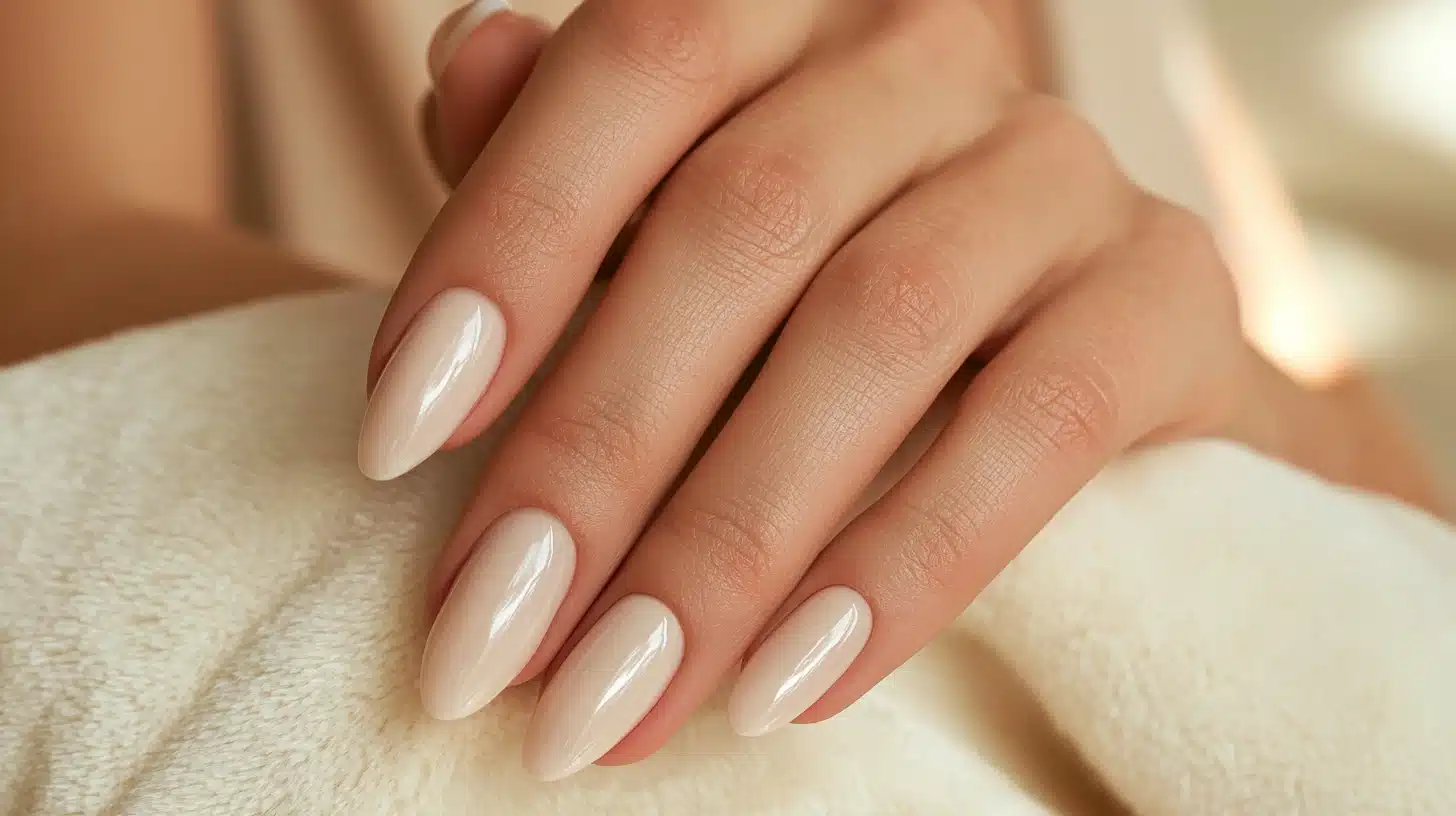 Elegant vanilla cream gel manicure on almond-shaped nails with a smooth, luminous salon finish and clean aesthetic.