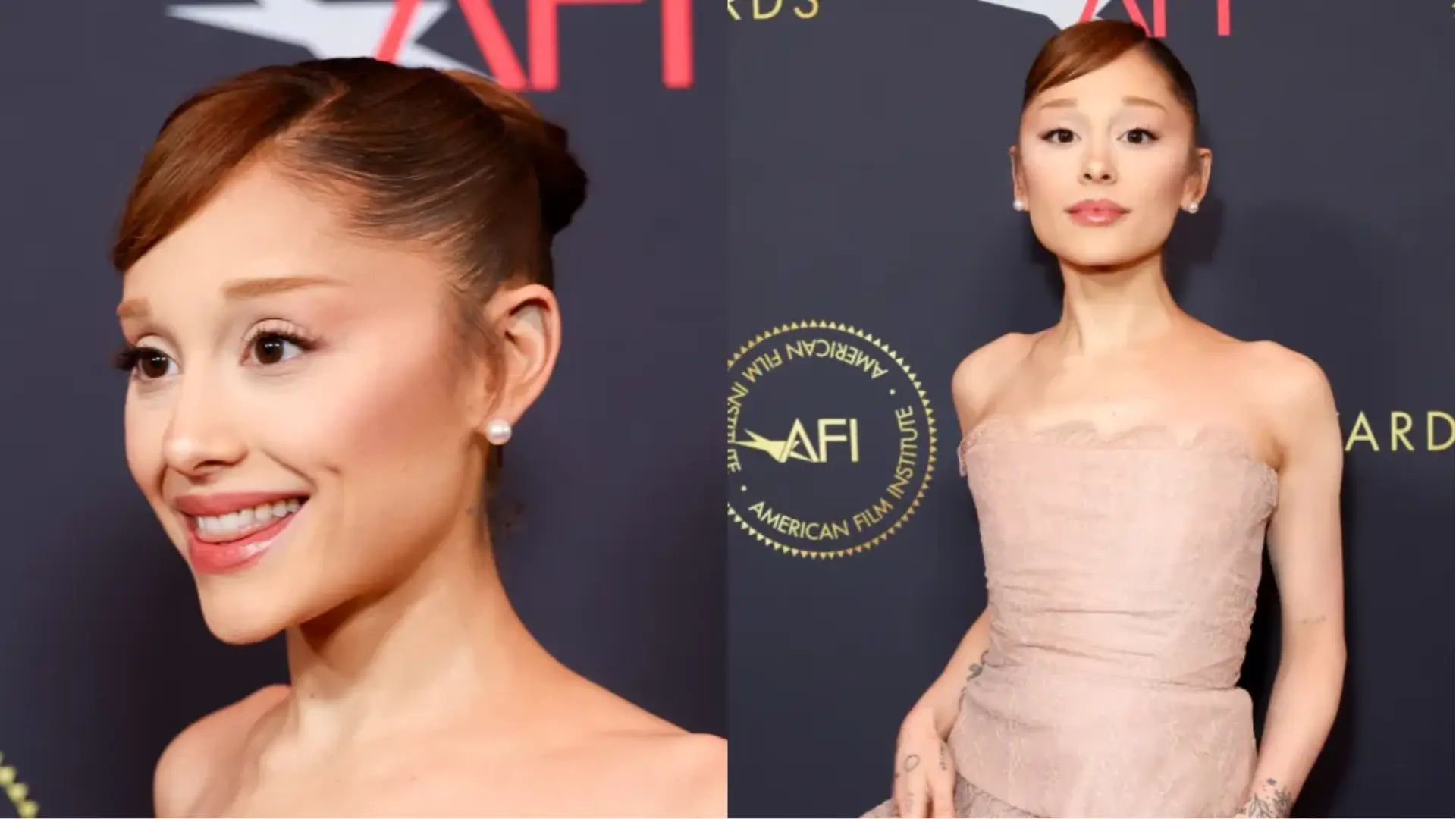 Ariana Grande poses in a strapless pale pink gown at an American Film Institute event, shown in a close-up and full-length view against a branded backdrop.