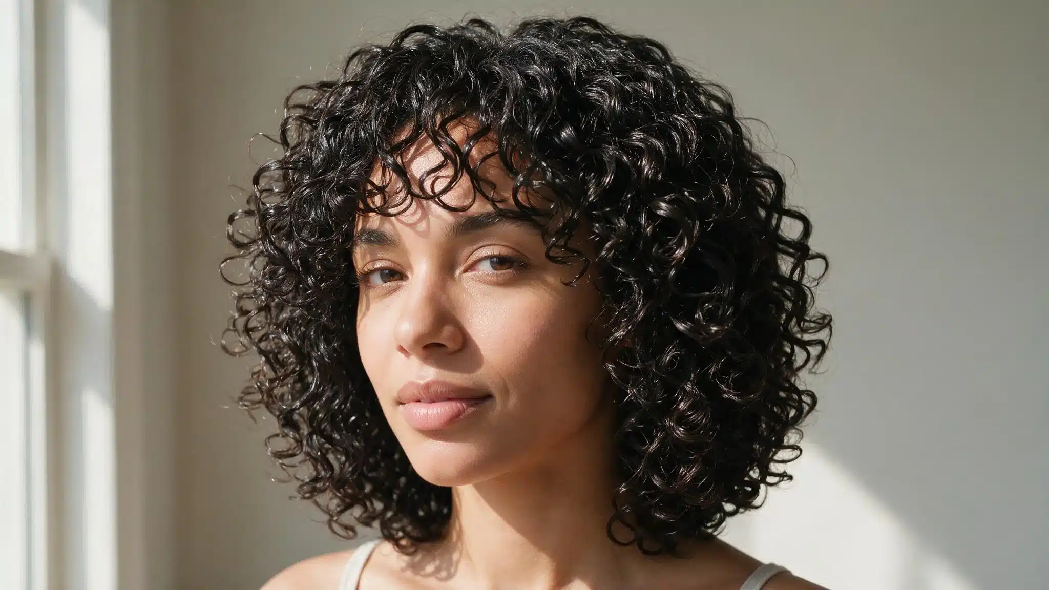 woman with short-to-medium curly hair wearing defined wash-and-go curls with natural volume and hydrated texture
