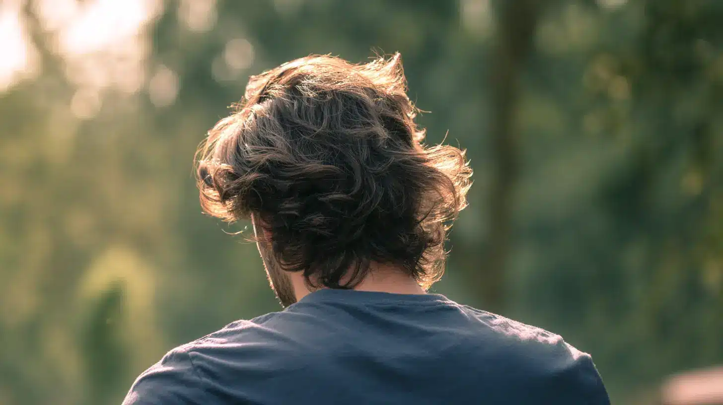Back view of a man with medium length wavy hair featuring natural layers soft texture and loose movement in outdoor sunlight