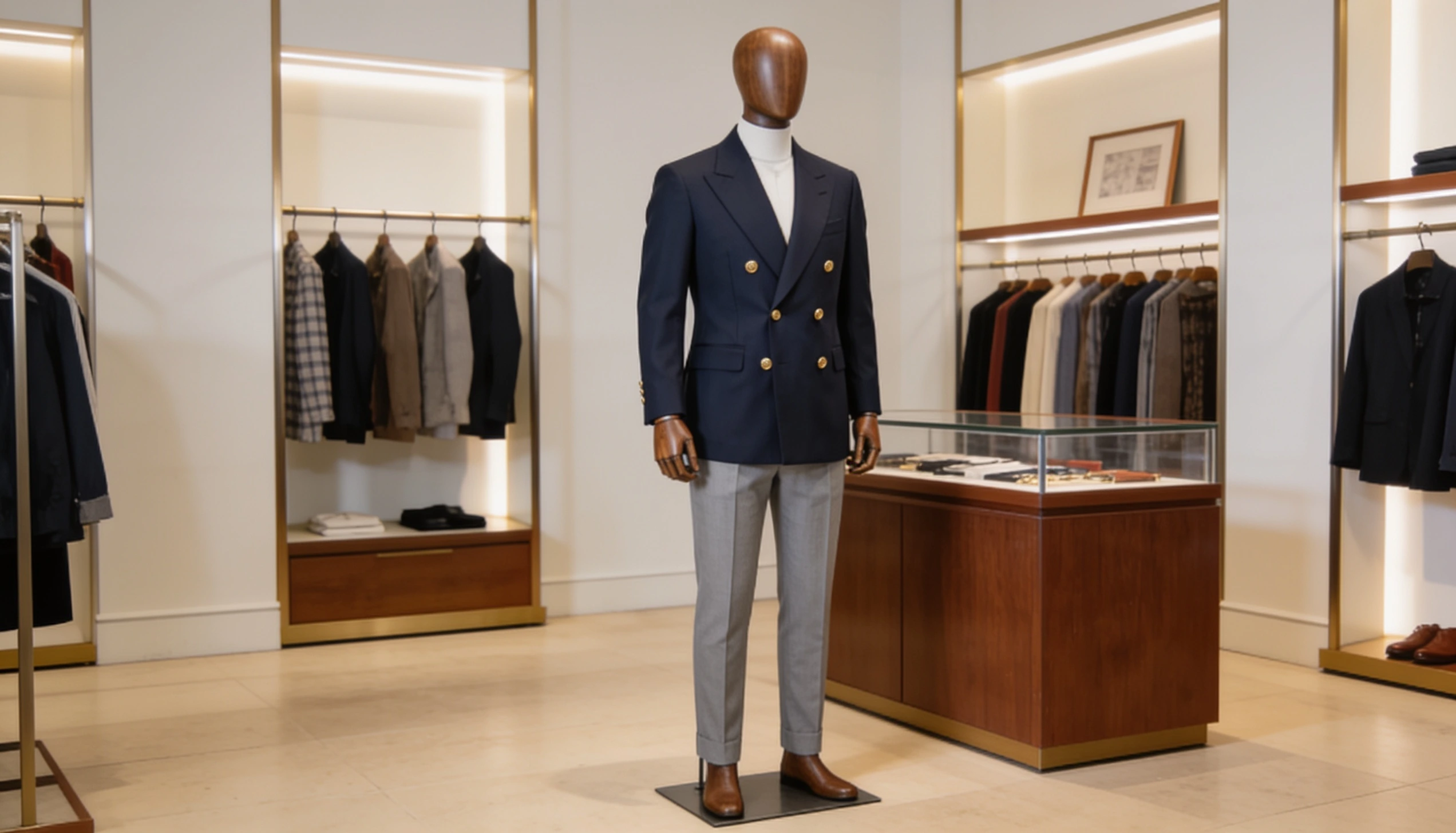 navy blazer with gold buttons and gray trousers