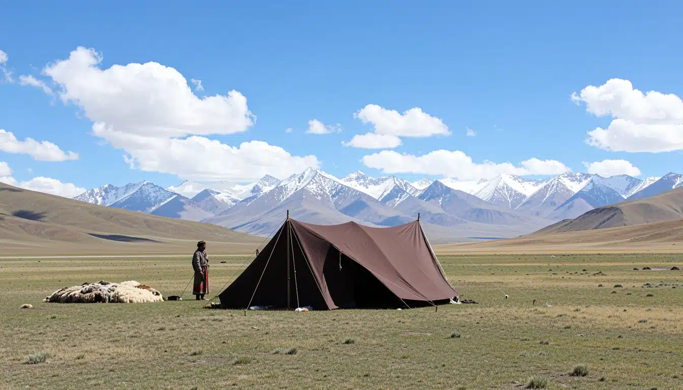 traditional nomad camp with a canvas tent open grassland grazing sheep and snow covered mountains in the background