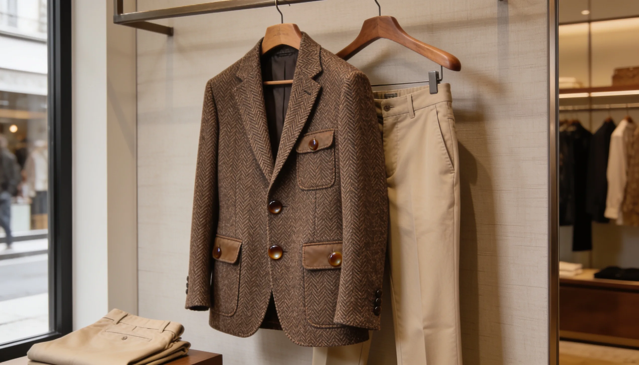 brown herringbone sport coat with chinos on display