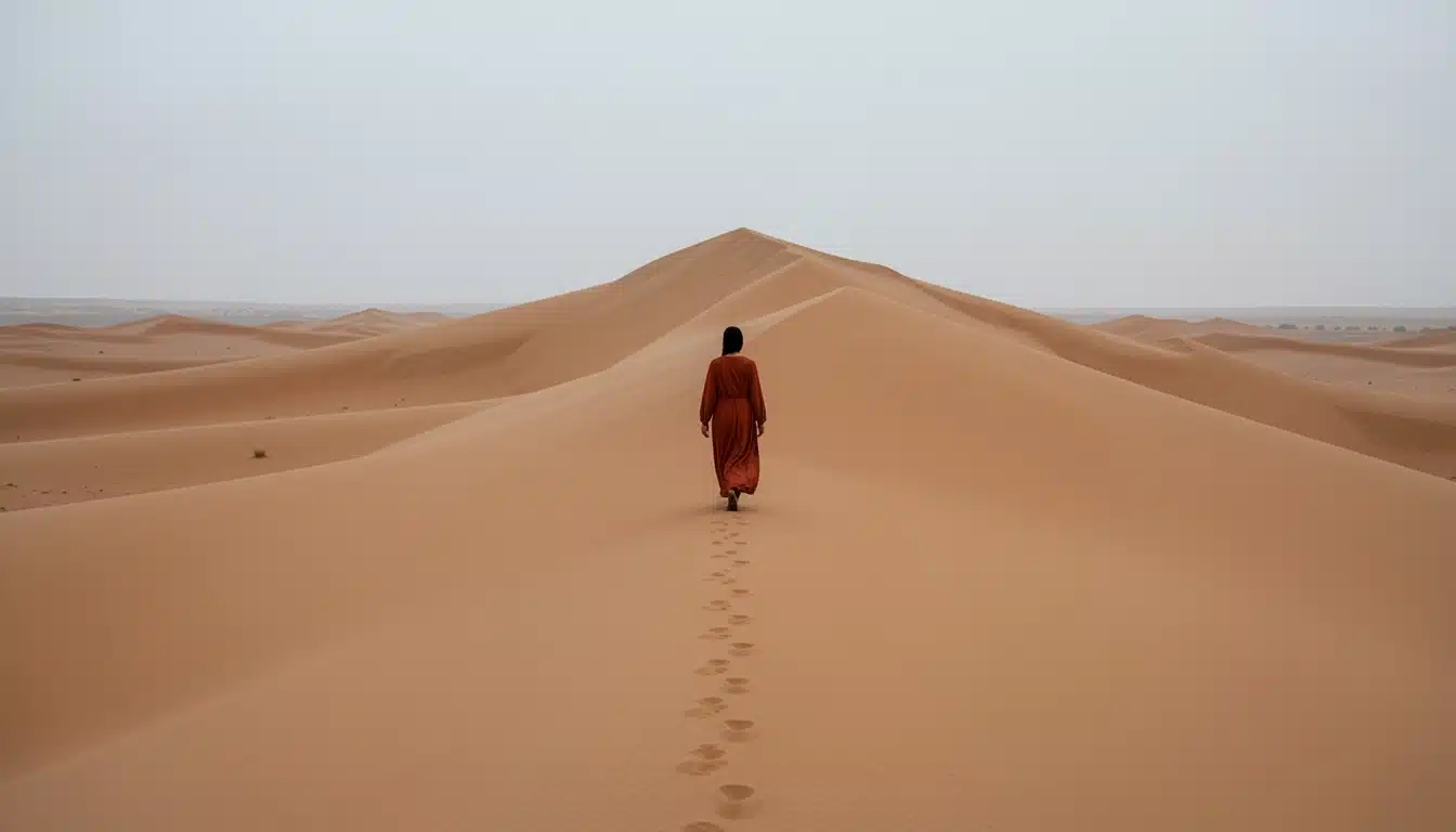 person walking alone across vast desert sand dunes leaving footprints behind under a clear sky showing a nomadic journey