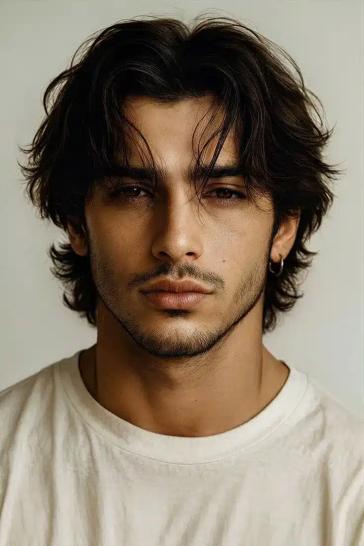 Wolf cut hairstyle with layered textured hair long fringe and shaggy mullet inspired volume