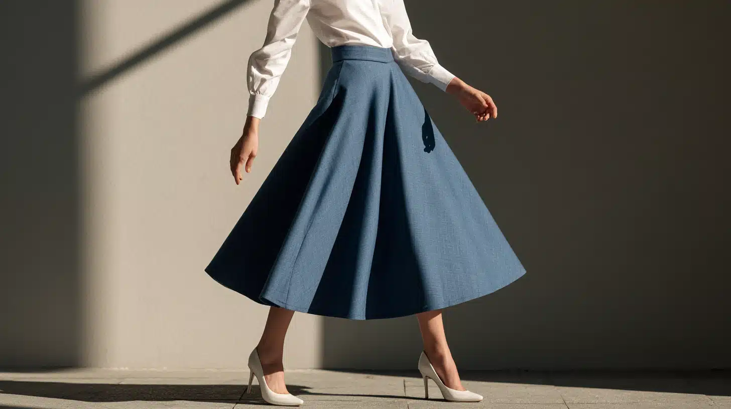 A woman in a white shirt and blue A-line skirt poses, exemplifying a fashionable and elegant ensemble.