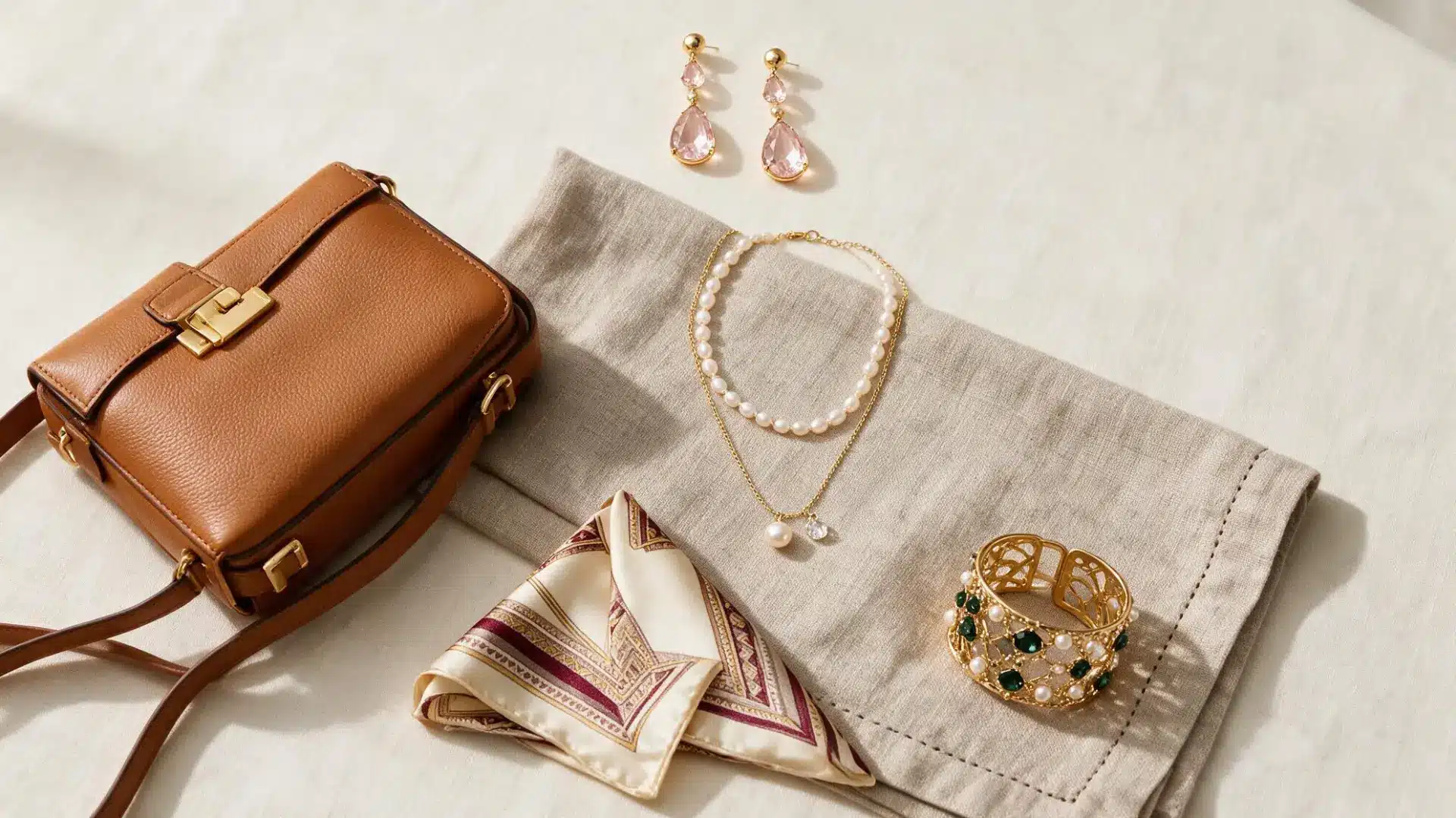 Women’s smart casual accessories featuring a crossbody bag necklace earrings silk scarf and statement bracelet.