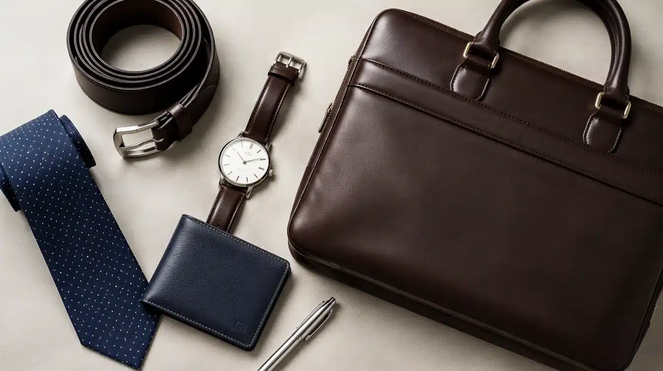 A brown briefcase alongside a watch, a tie, and a wallet, all displayed on a flat surface.