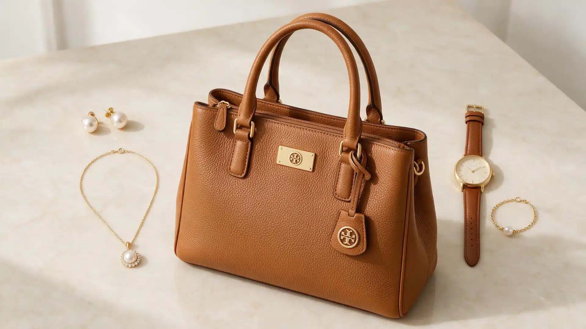 A brown handbag accompanied by various jewelry pieces and accessories arranged on a flat surface.
