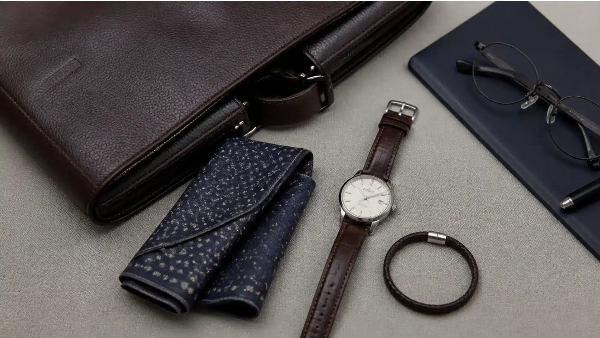 Men’s smart casual accessories with leather briefcase watch bracelet pocket square and glasses arranged neatly.
