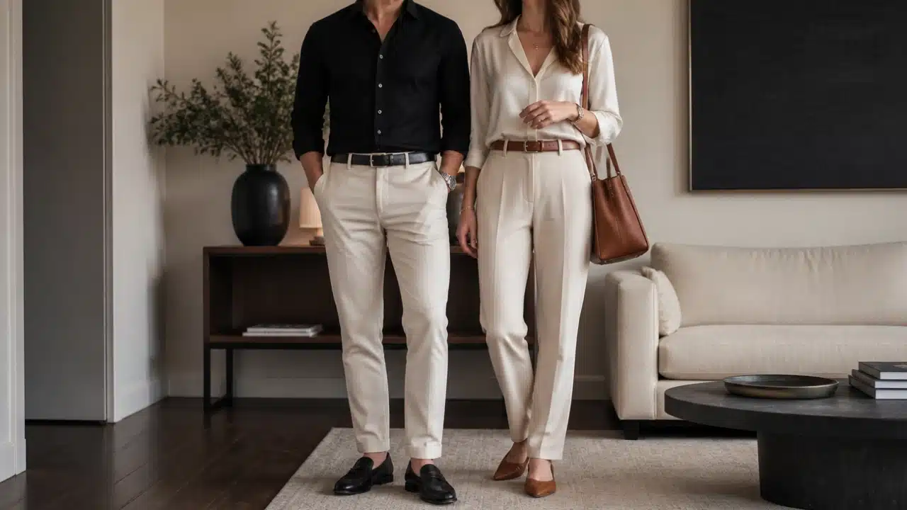A man and woman stand indoors wearing coordinated cream and black outfits, with a vase, console table, sofa, and coffee table behind them.