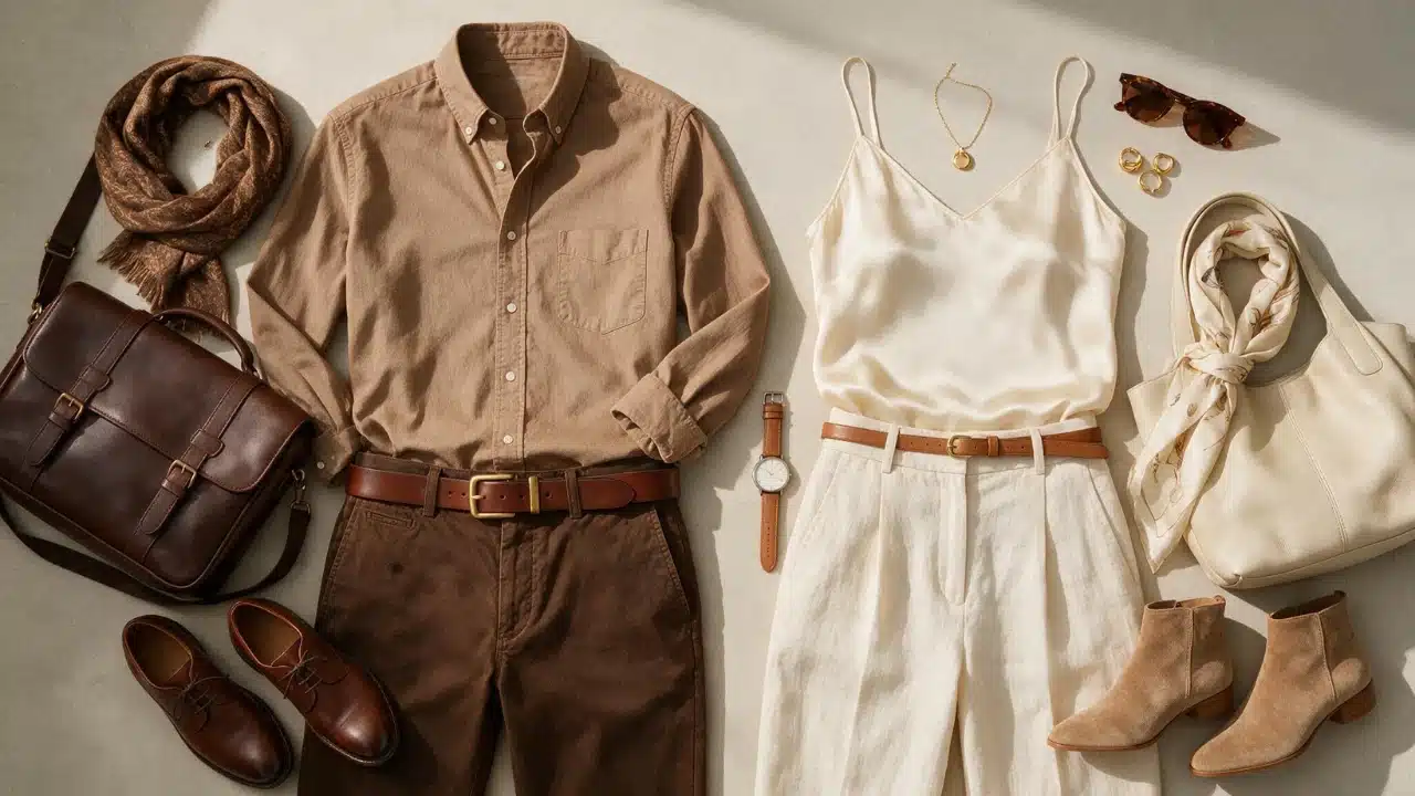 Flat lay of coordinated brown and cream clothing and accessories including shirts camisole trousers shoes bags scarf watch jewelry and sunglasses
