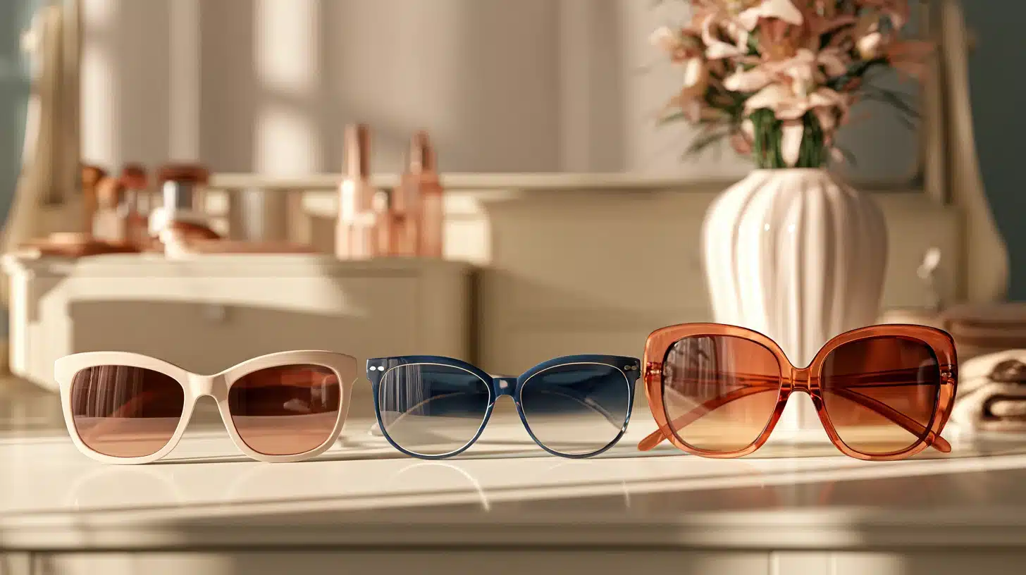Three pairs of sunglasses displayed on a table, showcasing different styles and colors.