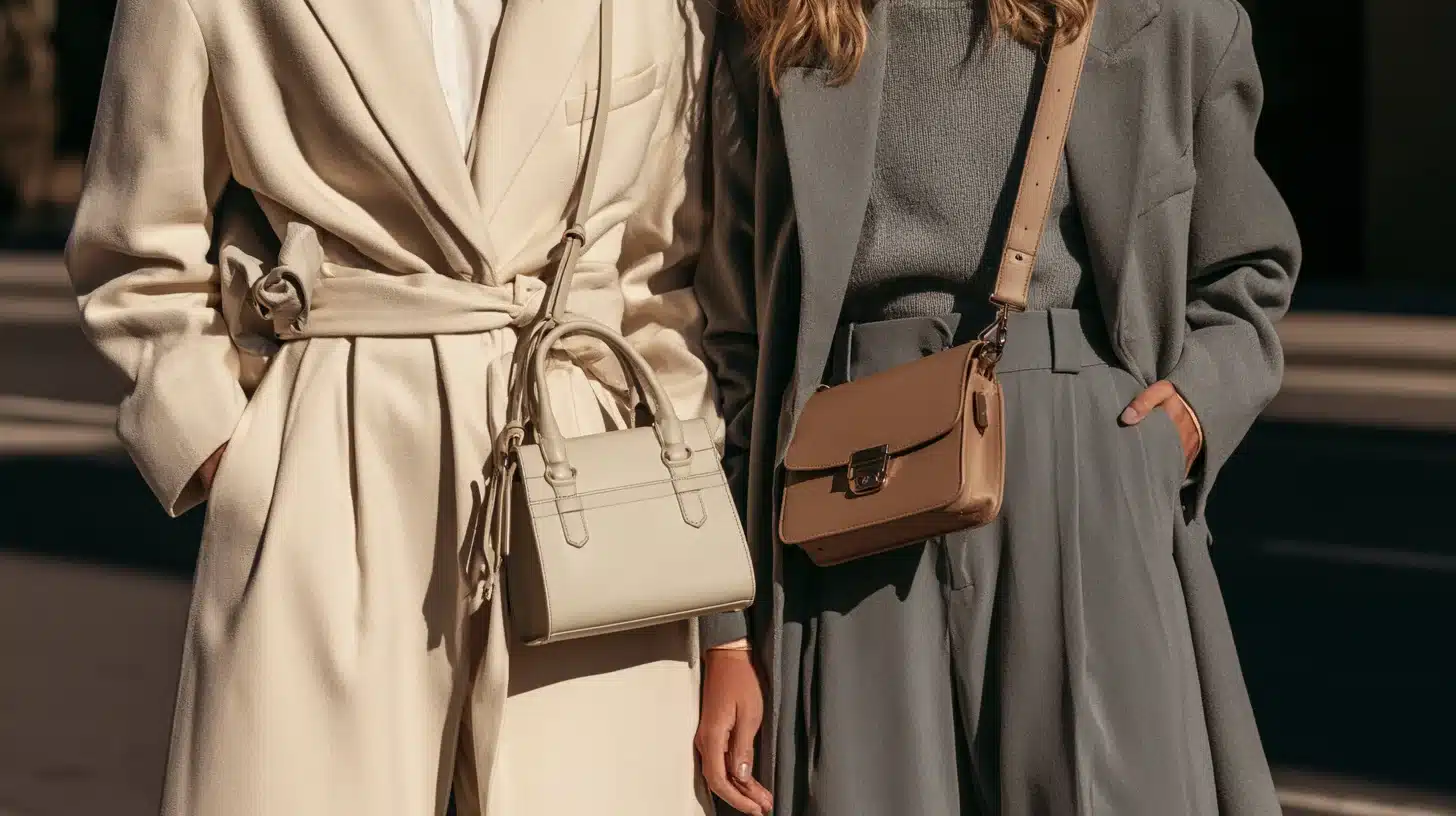 Two women in professional suits and coats stand on a city street, engaged in conversation.